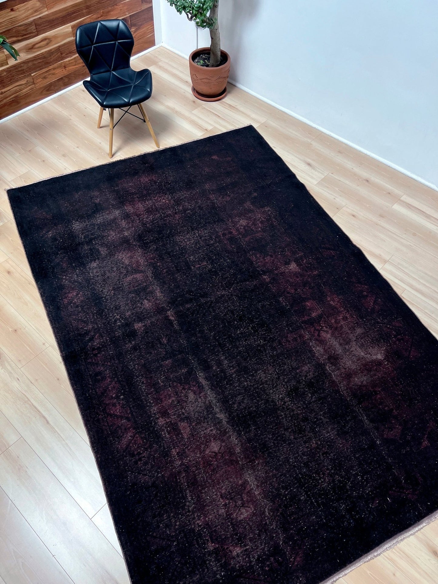 Dark brown handmade distressed muted overdyed turkish rug for living room bedroom low pile rug