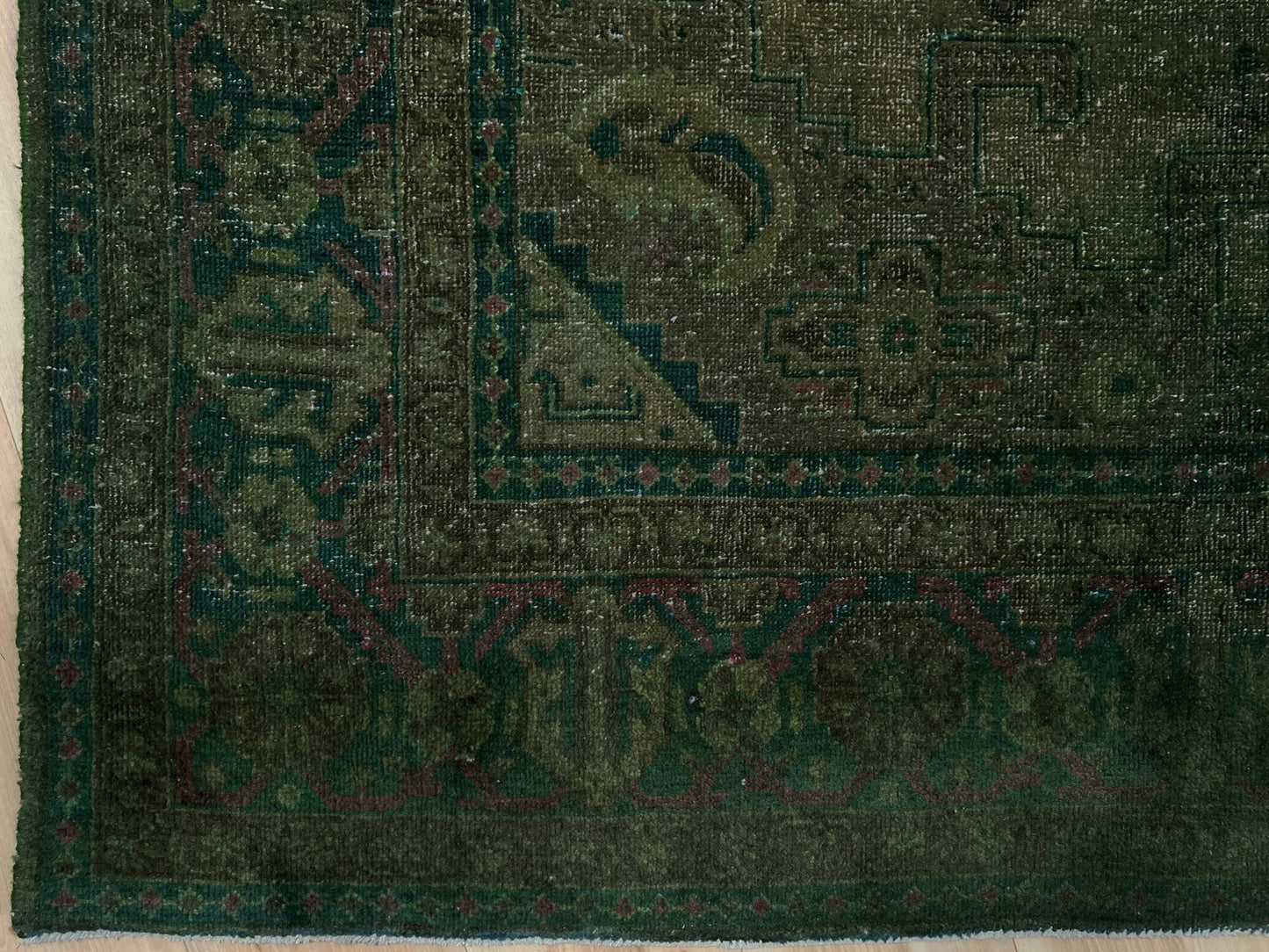 8x11 green overdyed handmade turkish area rug with distressed look. Vintage Turkish rug available from the best rug shop in the San Francisco Bay Area.