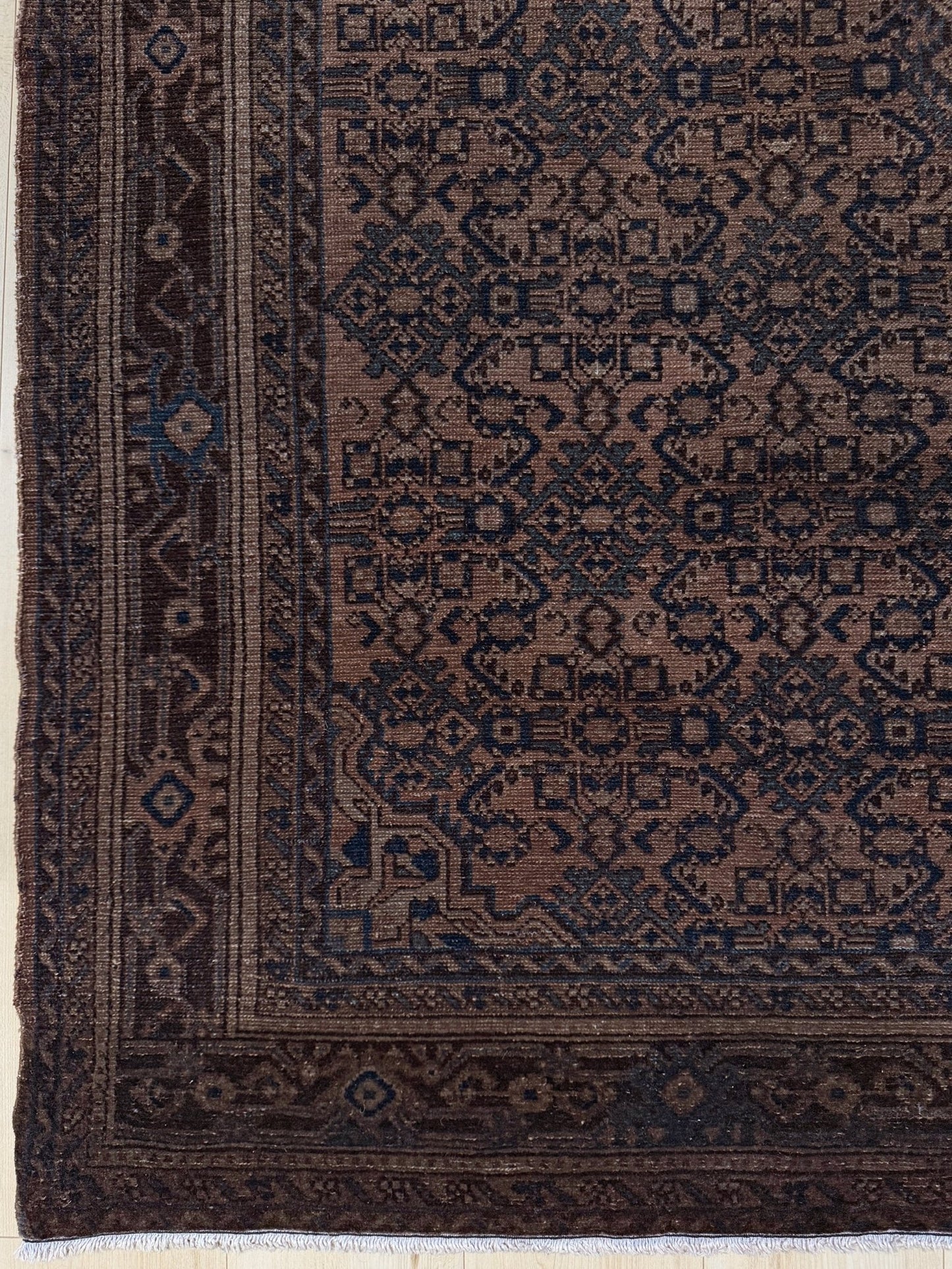 Handmade vintage Persian Malayer rug 5x7 – rich espresso and inky indigo hues, intricate geometric design, perfect for kitchen, bedroom, living room, or dining room. Shop the best rugs in San Mateo, SF Bay Area – free shipping!