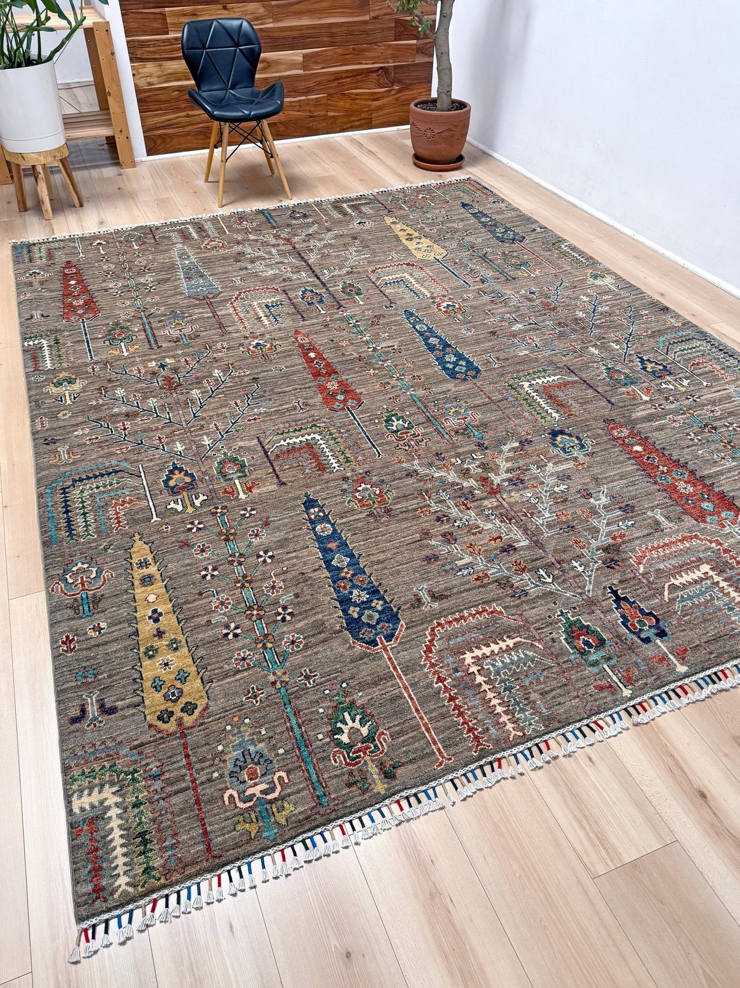 8x10 handmade wool Tree of Life rug from best rug shop San Mateo SF Bay Area, top quality with earthy taupe, indigo, terracotta hues, full of character, perfect for bedroom, living room, kitchen, stury and free shipping.