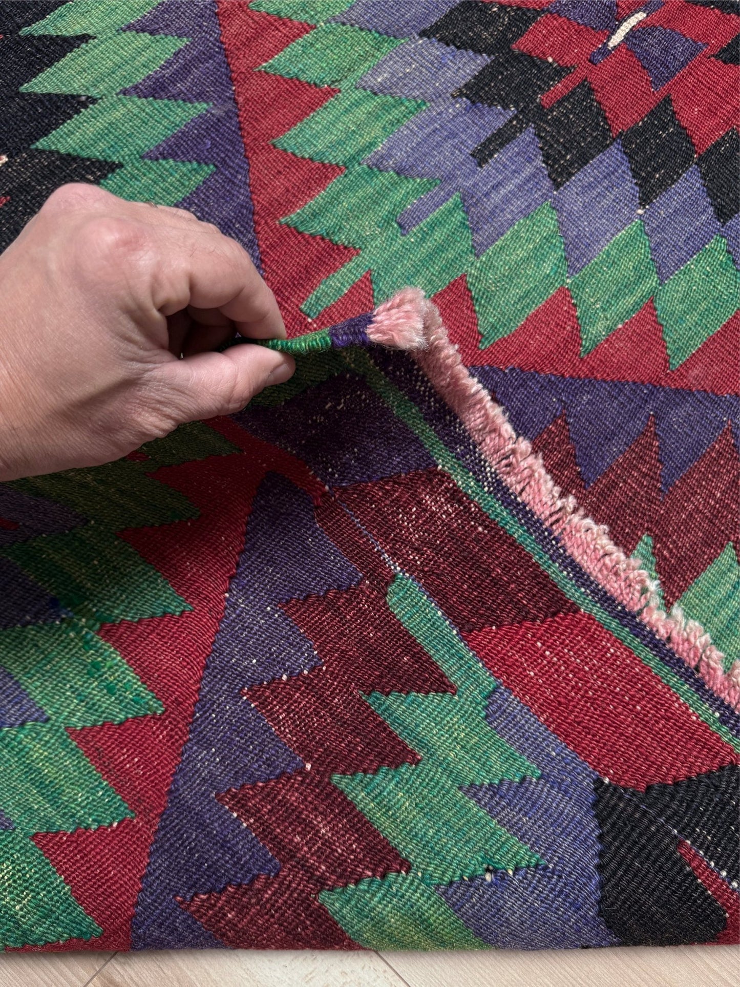 Vintage Esme Turkish tribal kilim rug featuring geometric design in raspberry red, blue violet, emerald green, handmade 6x10 perfect for boho style