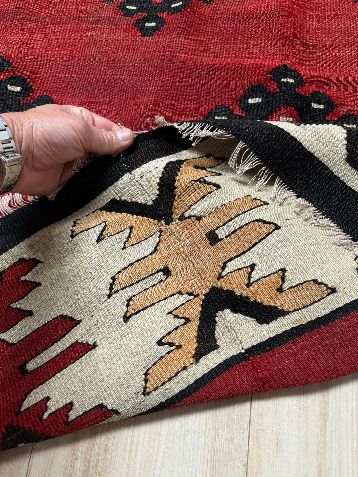 10x10 square Handmade vintage European Pirot kilim rug in ruby red with geometric motifs, large area flatweave perfect for living room, bedroom, or dining room, ideal for boho or floral decor styles, available at top-rated rug shop in San Mateo, SF Bay Area with free shipping.