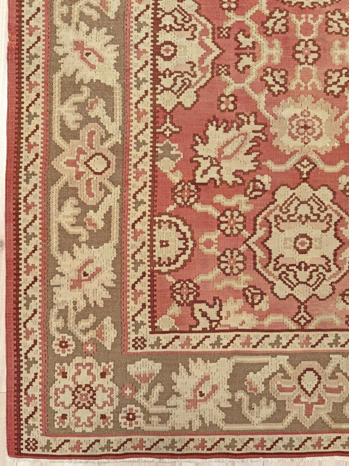 6x9 vintage floral kilim flatweave rug with muted rose and cream tones, handmade in Southeast Europe, perfect for bedroom, living room, or dining room – available at the best rug shop in San Mateo, SF Bay Area with free shipping.