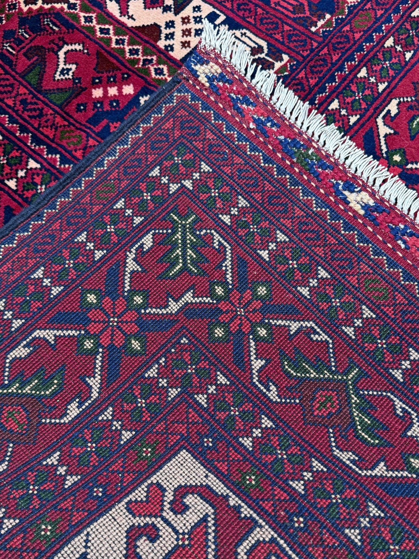 Handmade 10x14 Afghan rug with Bridal Lattice design in red, blue, ivory, and green – perfect for bedroom, living room, dining room, or study – available at best rug shop in San Mateo, SF Bay Area with free shipping.