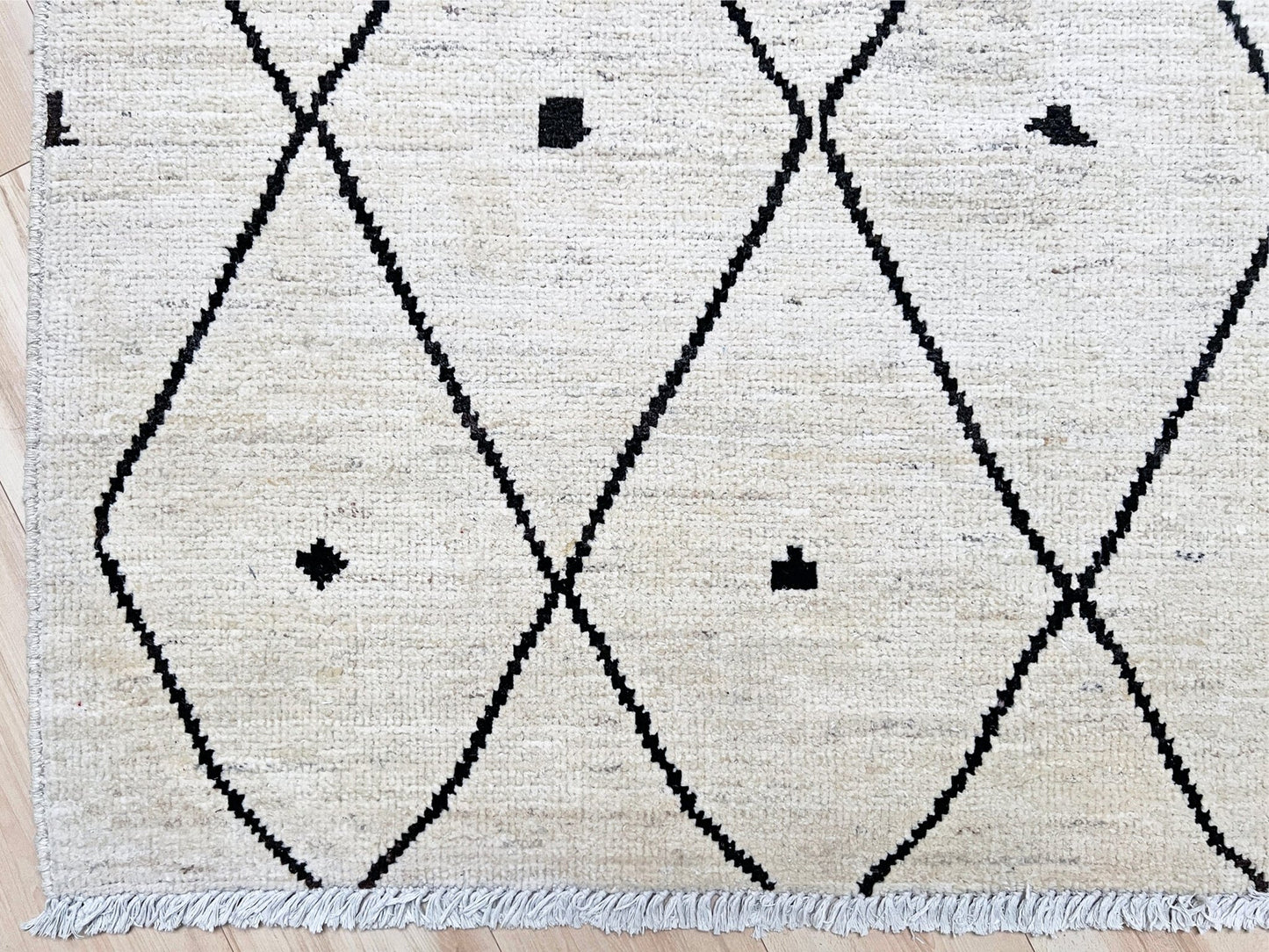 handmade moroccan inspired minimalist rug 8x10 ivory wool rug black diamond lattice modern moroccan style area rug large neutral wool rug indigo rugs san francisco bay area