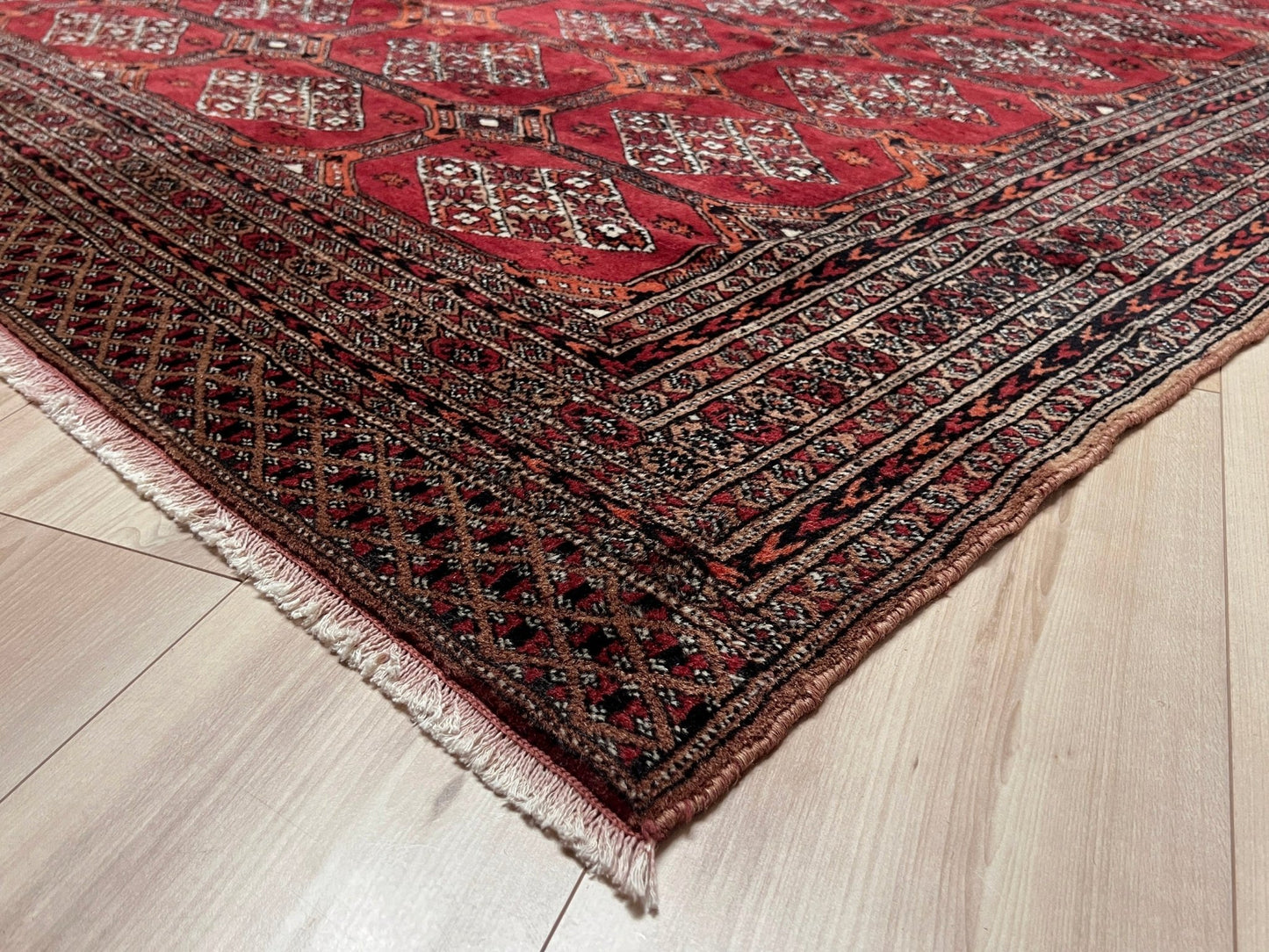 Corner 7x7 square red bukhara traditional rug shop san francisco bay area. Handmade wool rug free shipping affordable
