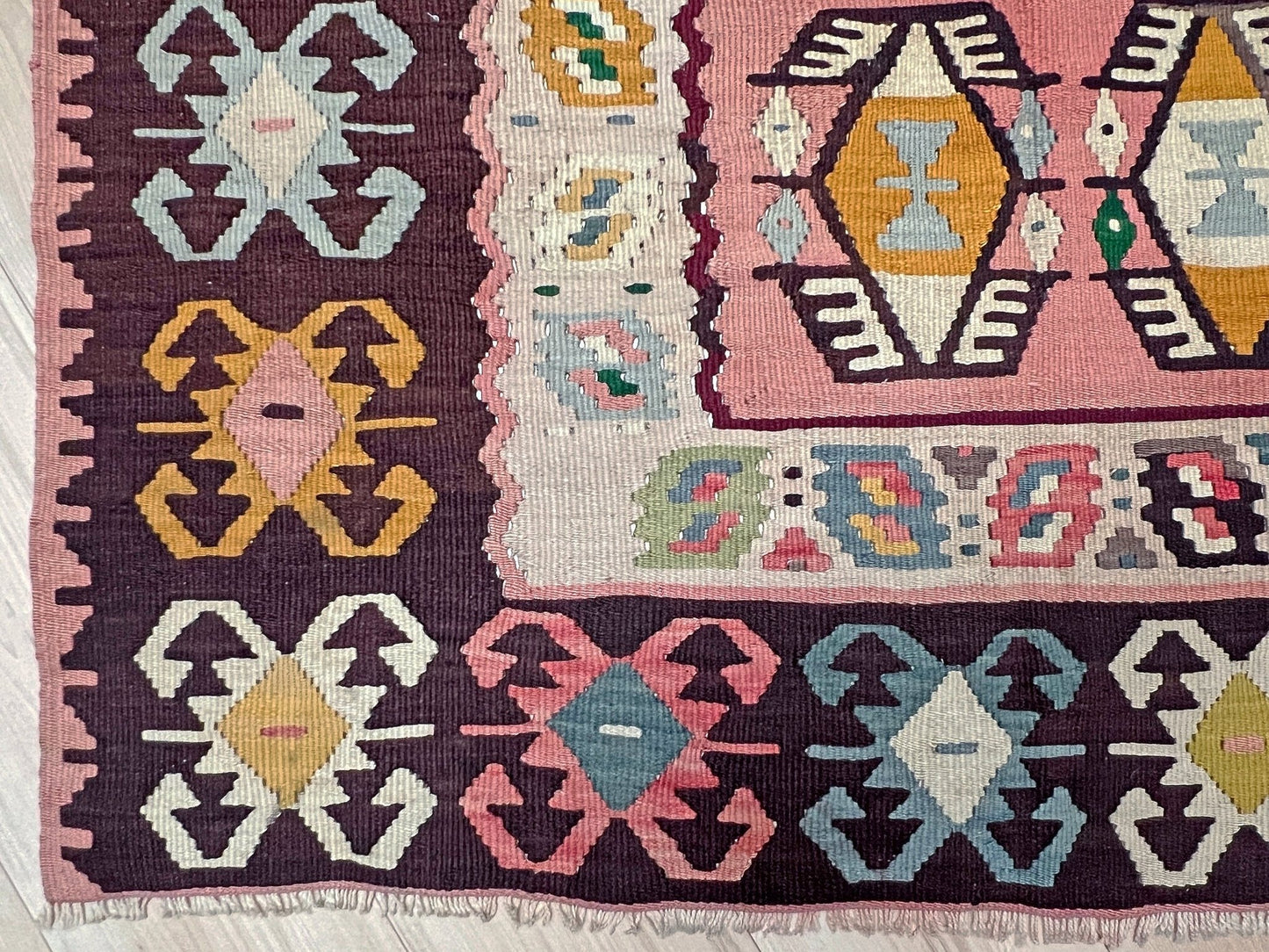 pink Colorful handmade kilim rug shop san francisco bay area. Buy wool flatweave geometric design rug.