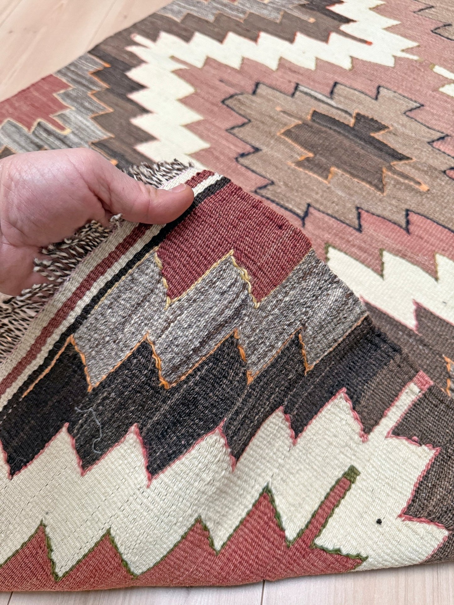 3x5 Mut kilim rug with Navajo-style diamond medallions in dusty rose, taupe, and chocolate brown — handmade Turkish flatweave, available at Indigo Rugs, Burlingame / San Francisco Bay Area.”