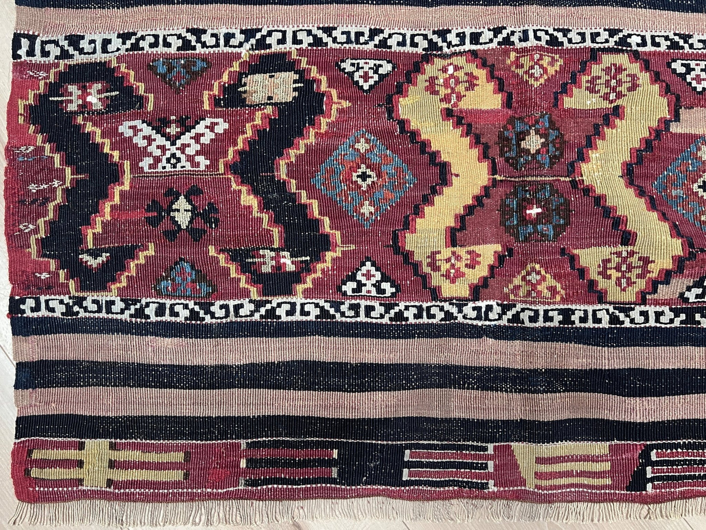 3x5 Antique Malatya Turkish kilim flatweave rug in madder red, mustard, and indigo with tribal motifs — handmade wool rug from the 1930s, available at Indigo Rugs, the best rug shop in San Francisco Bay Area, Burlingame CA.