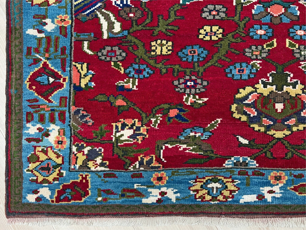 vintage turkish anatolian rug 4x6 cherry red sky blue border floral hand knotted wool carpet indigo rugs san francisco bay area