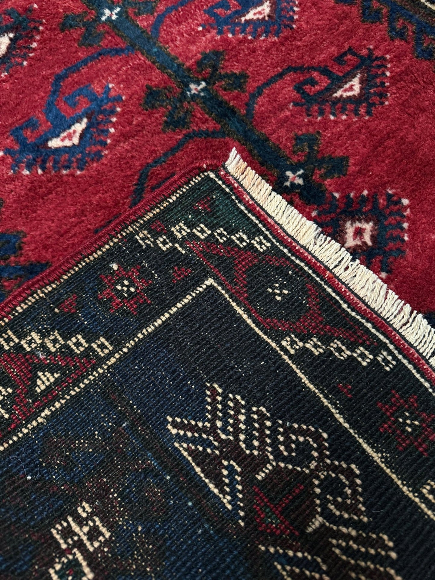 5x7 Dosemealti vintage Turkish tribal rug – top-quality wool, rich crimson red and midnight blue hues, intricate geometric and floral patterns. Perfect for bedroom, living room, or dining area. Handwoven with character and history. Available at the best rug shop in Burlingame CA, SF Bay Area – free shipping!