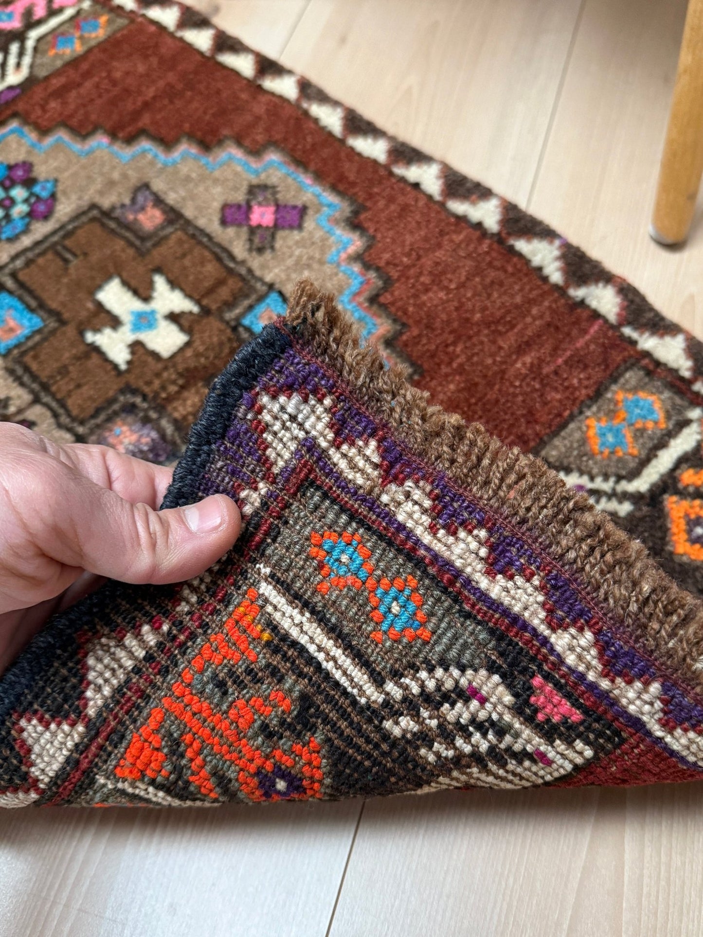Brown Blue Pink 2x3 handmade small wool rug for bathroom bedroom kitchen under the desk. Turkish rug shop san francisco bay area. Free shipping.