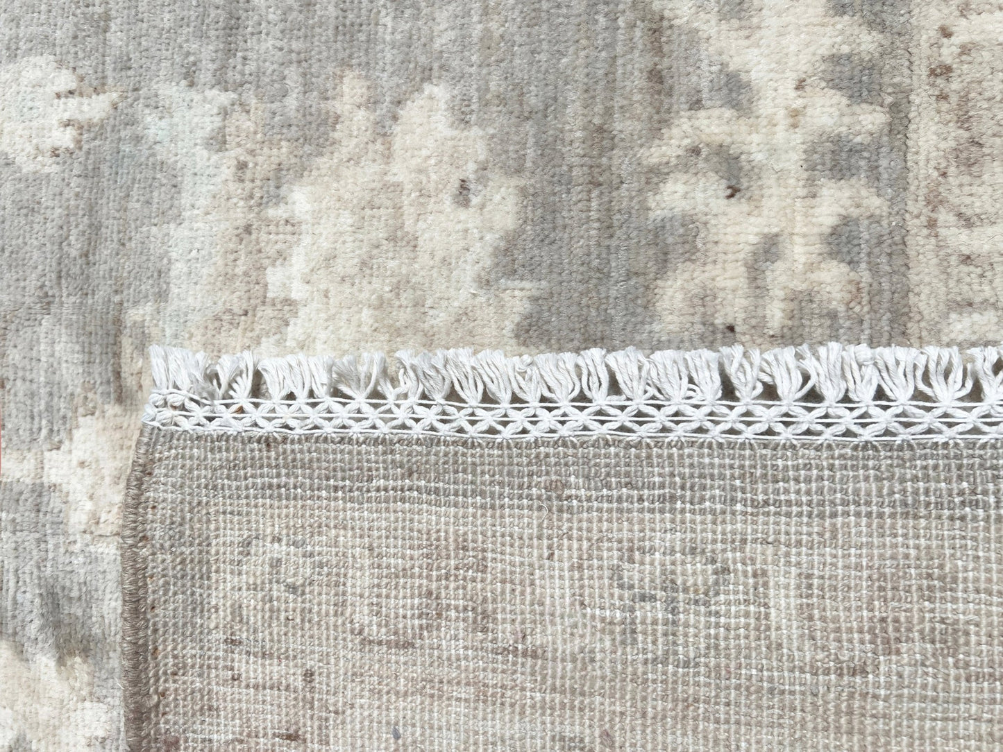 Back detail of or 8x10 Grey and Antique White Muted Oushak Turkish Rug - Handmade Wool Carpet with Transitional Floral Design, Free Shipping from San Francisco Bay Area's Best Handmade Rug Store