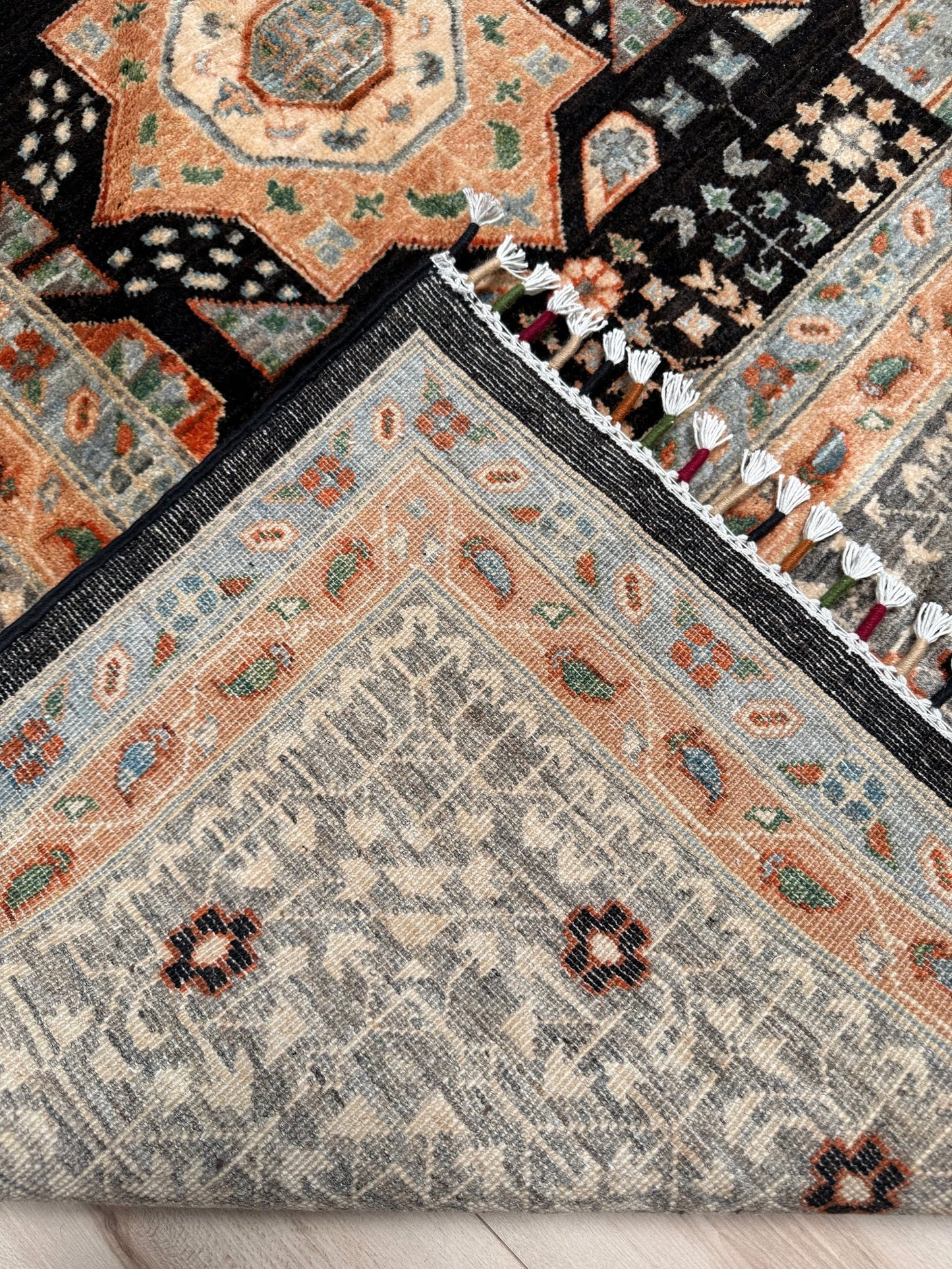 10x14 Handmade Mamluk Turkish wool rug with intricate medallion design in charcoal, peach, aqua, and sage green – available from the best rug shop in San Mateo, SF Bay Area with free shipping.