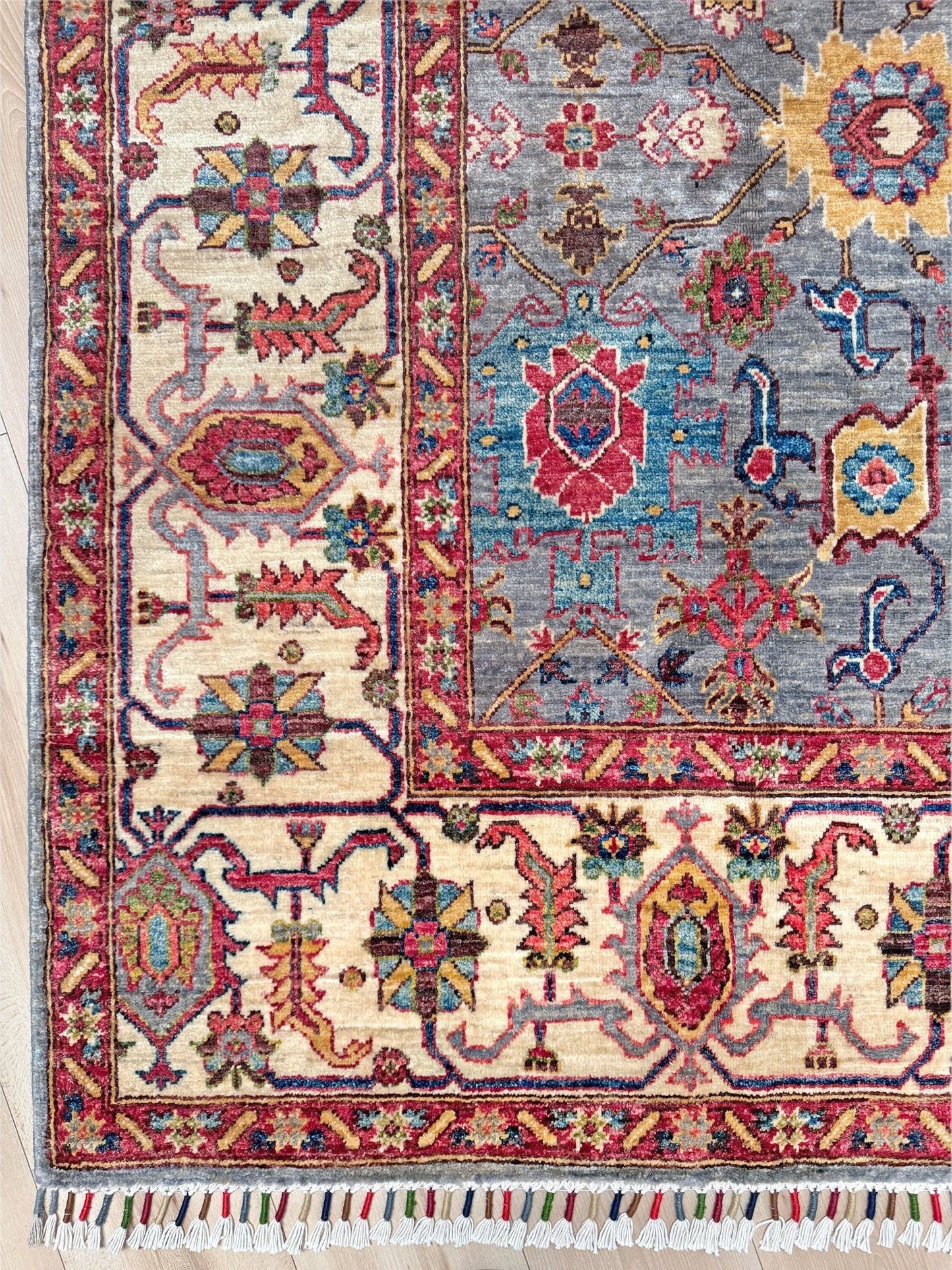 Top-quality 6x9 Bijar rug with intricate floral design in dusty blue, ivory, crimson, and golden saffron. Handmade and durable, perfect for bedroom, living room, or dining area. Available from the best rug shop in San Mateo, SF Bay Area, with free shipping. A timeless statement piece with rich character and vintage charm