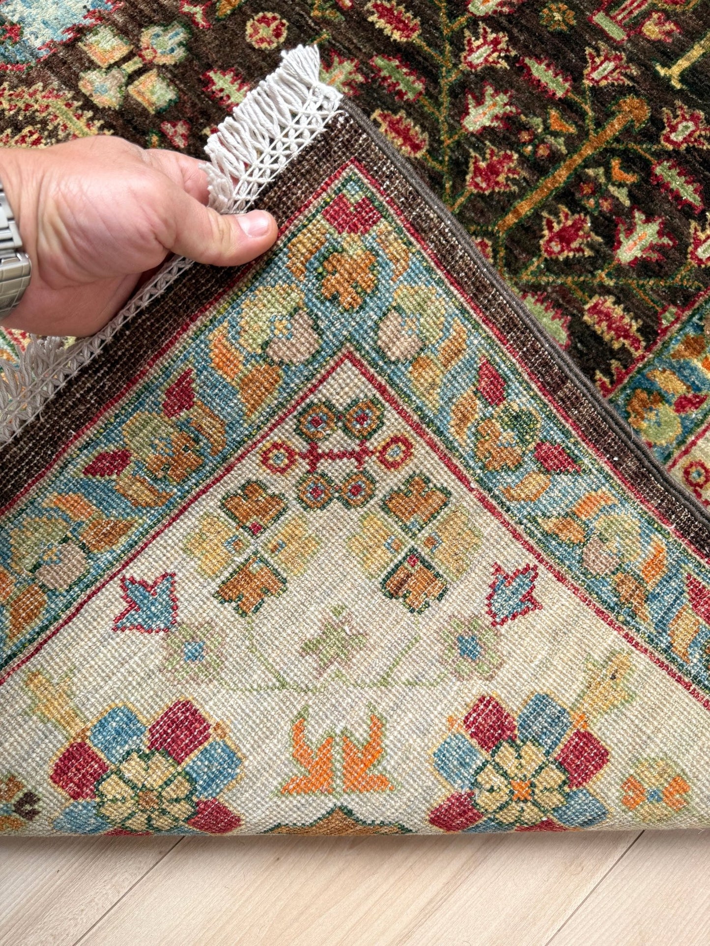 Handmade Persian Tree of Life rug, almost 6x9, featuring rich espresso, rust, olive, and sky blue tones—perfect for living room, bedroom, kitchen, or dining room. Ideal for traditional, eclectic, boho, or transitional home decor styles. A timeless wool piece from the best rug shop in San Mateo, SF Bay Area, with free shipping included.