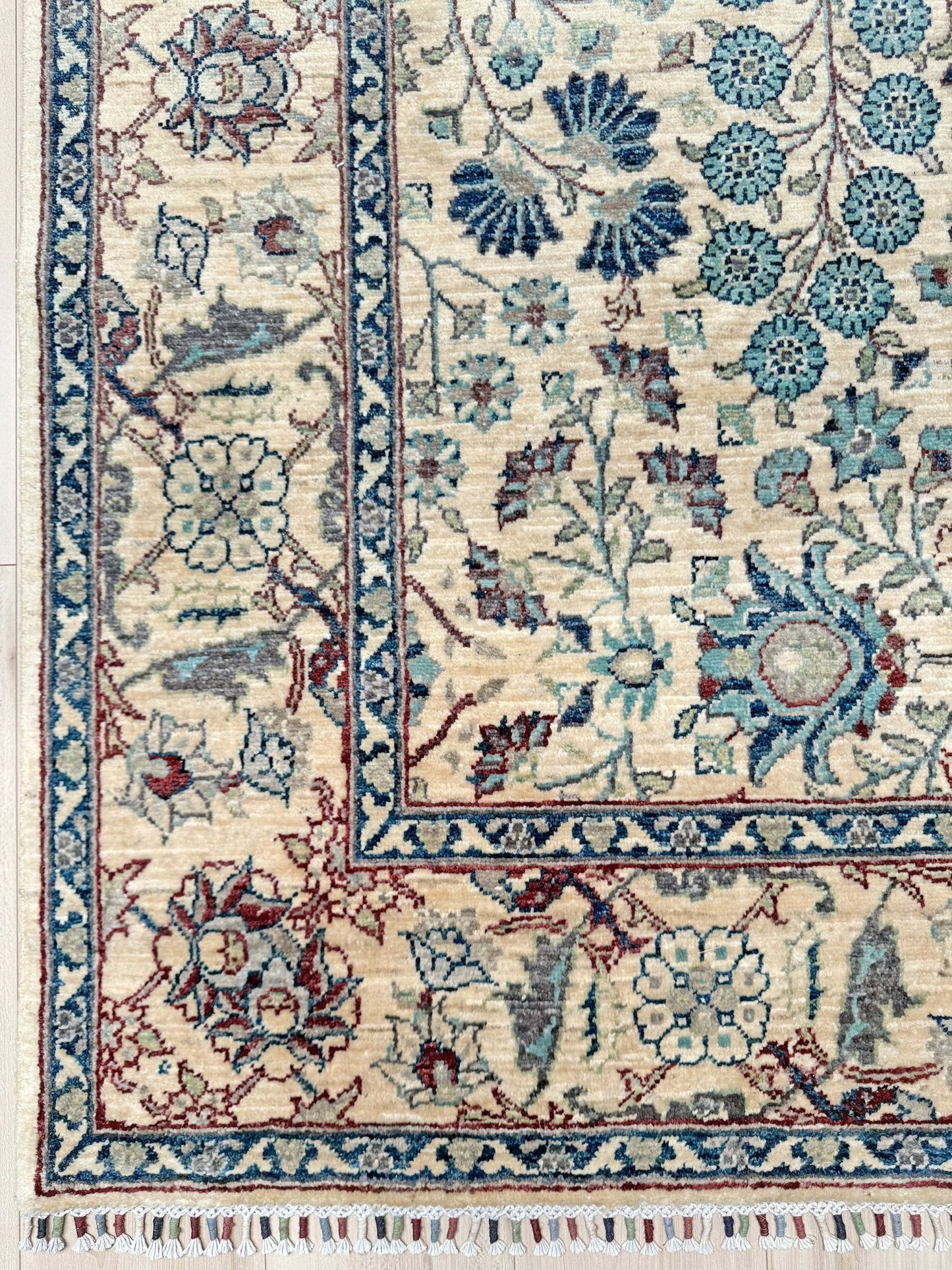 Handmade 5x7 floral Turkish rug with ivory field and teal, denim blue, antique rose, and muted taupe accents, perfect for living room, bedroom, kitchen, or dining room. Ideal for traditional, transitional, boho, or romantic decor styles. From the best rug shop in San Mateo, SF Bay Area. Free shipping included.