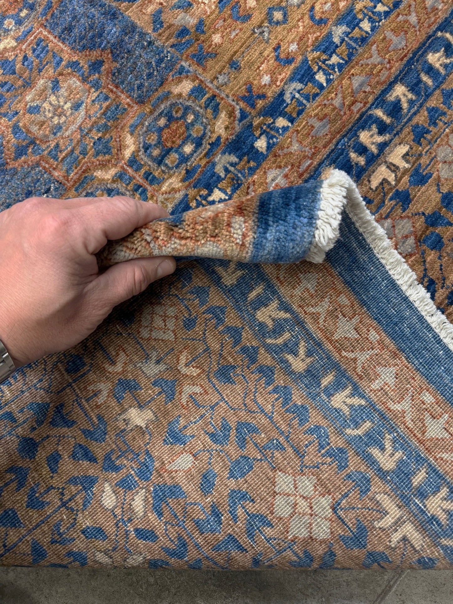 50x50 handmade Mamluk rug with walnut brown field, denim blue geometric medallions, ivory and taupe details, traditional wool area rug 9x12 from Indigo Rugs Burlingame Bay Area.