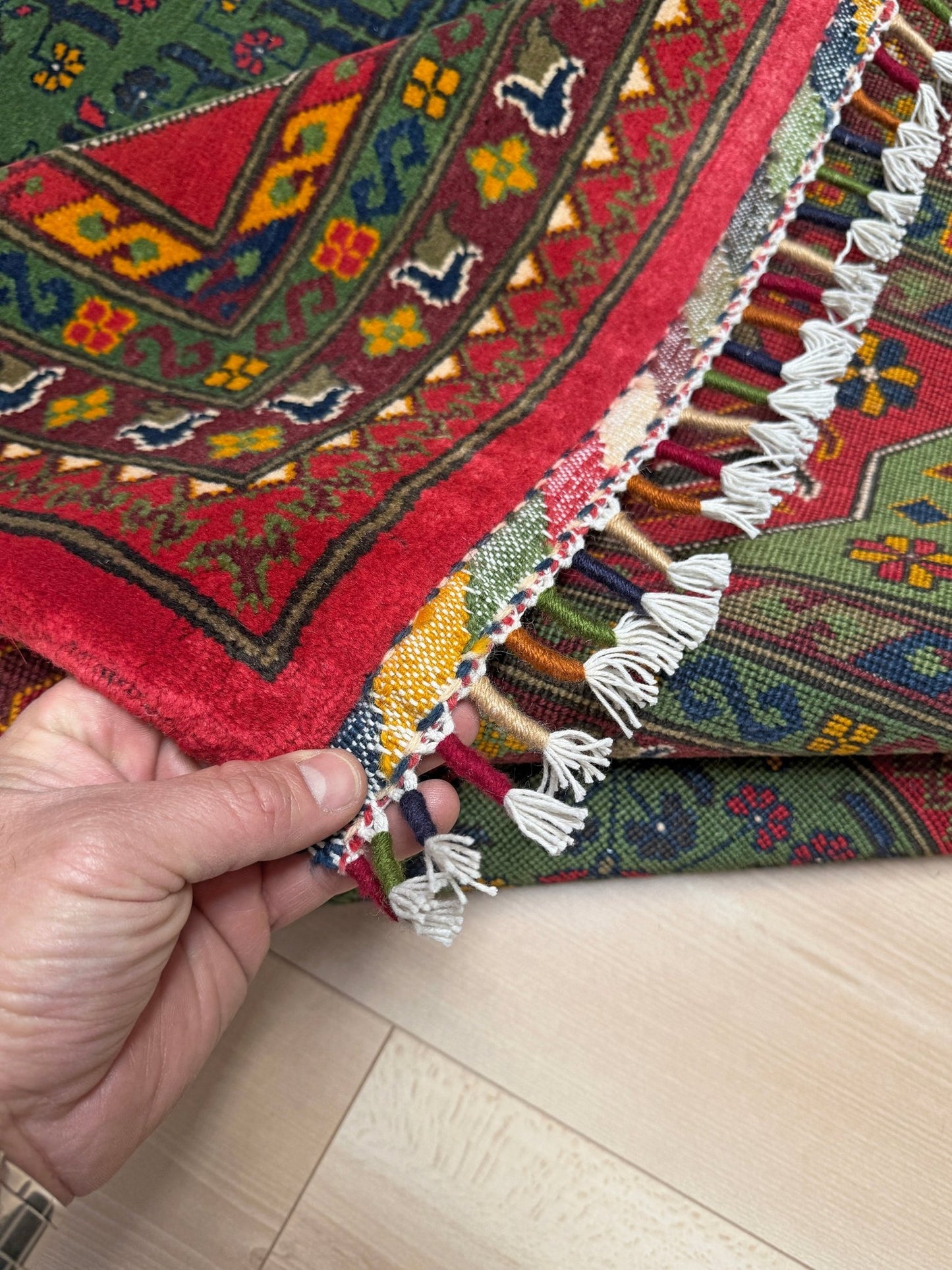 Handmade 10x14 turkmen bilcik rug with forest green field and cherry red accents, perfect for bedroom, living room, dining room, or study – from the best rug shop in San Mateo, SF Bay Area with free shipping.