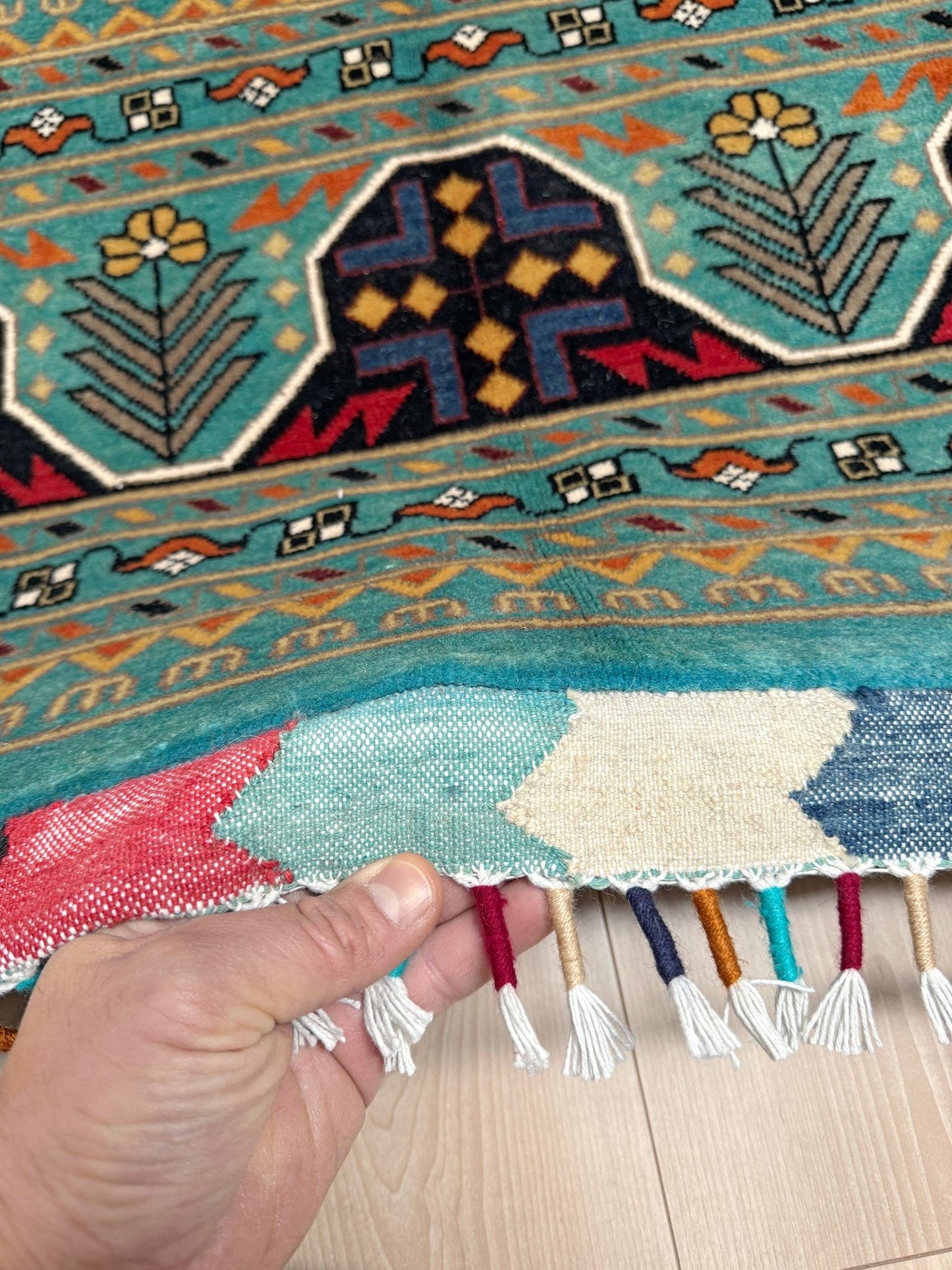 10x14 vibrant luxury Handmade Turkmen bilcik transitional rug for living room, bedroom, dining with traditional Göl design in turquoise, navy, coral, and gold hues – available at the best rug shop in San Mateo, SF Bay Area with free shipping.
