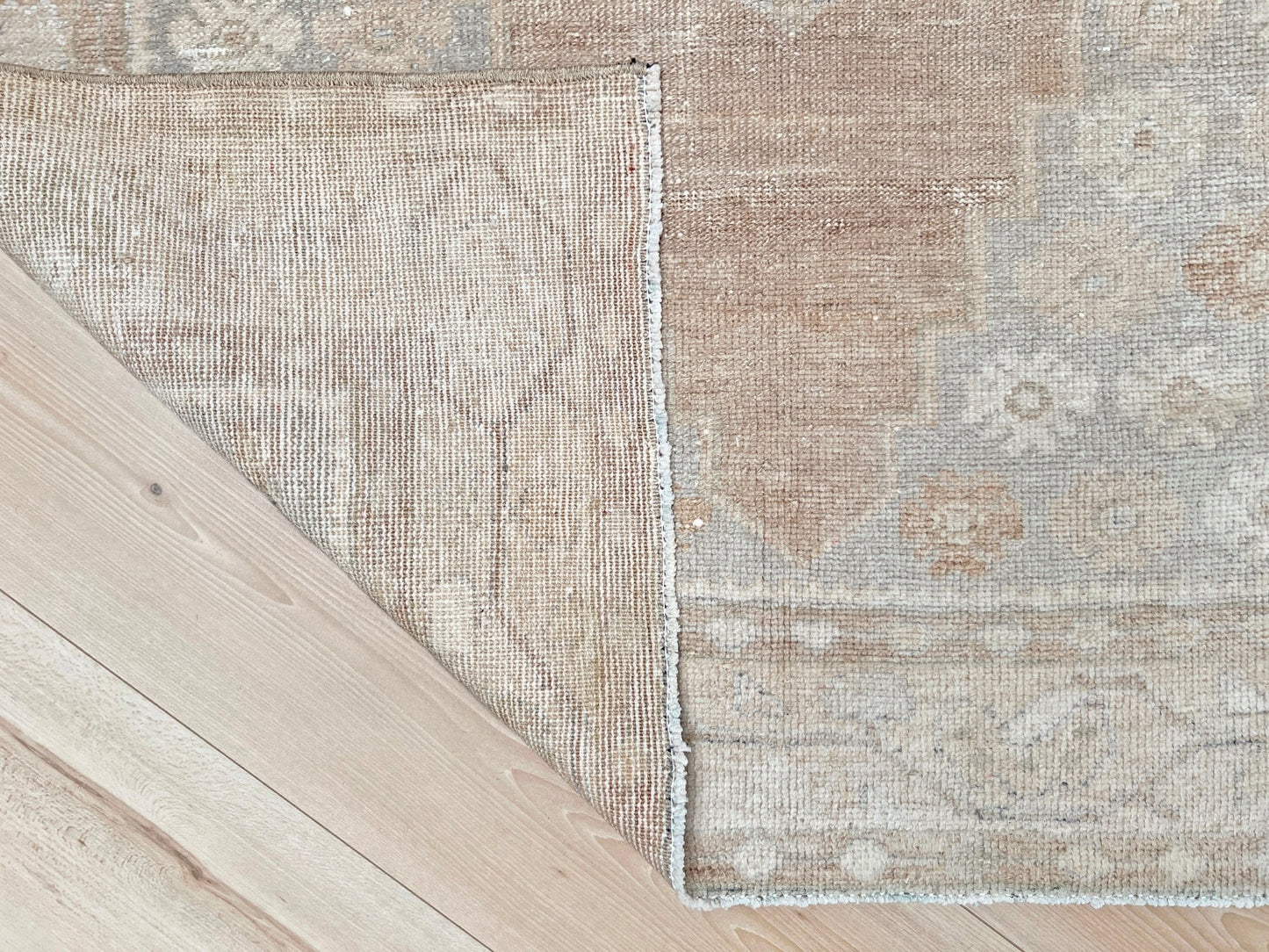 muted oushak turkish vintage runner rug 3x7 distressed low pile soft neutral beige taupe floral medallion transitional wool rug indigo rugs san francisco bay area