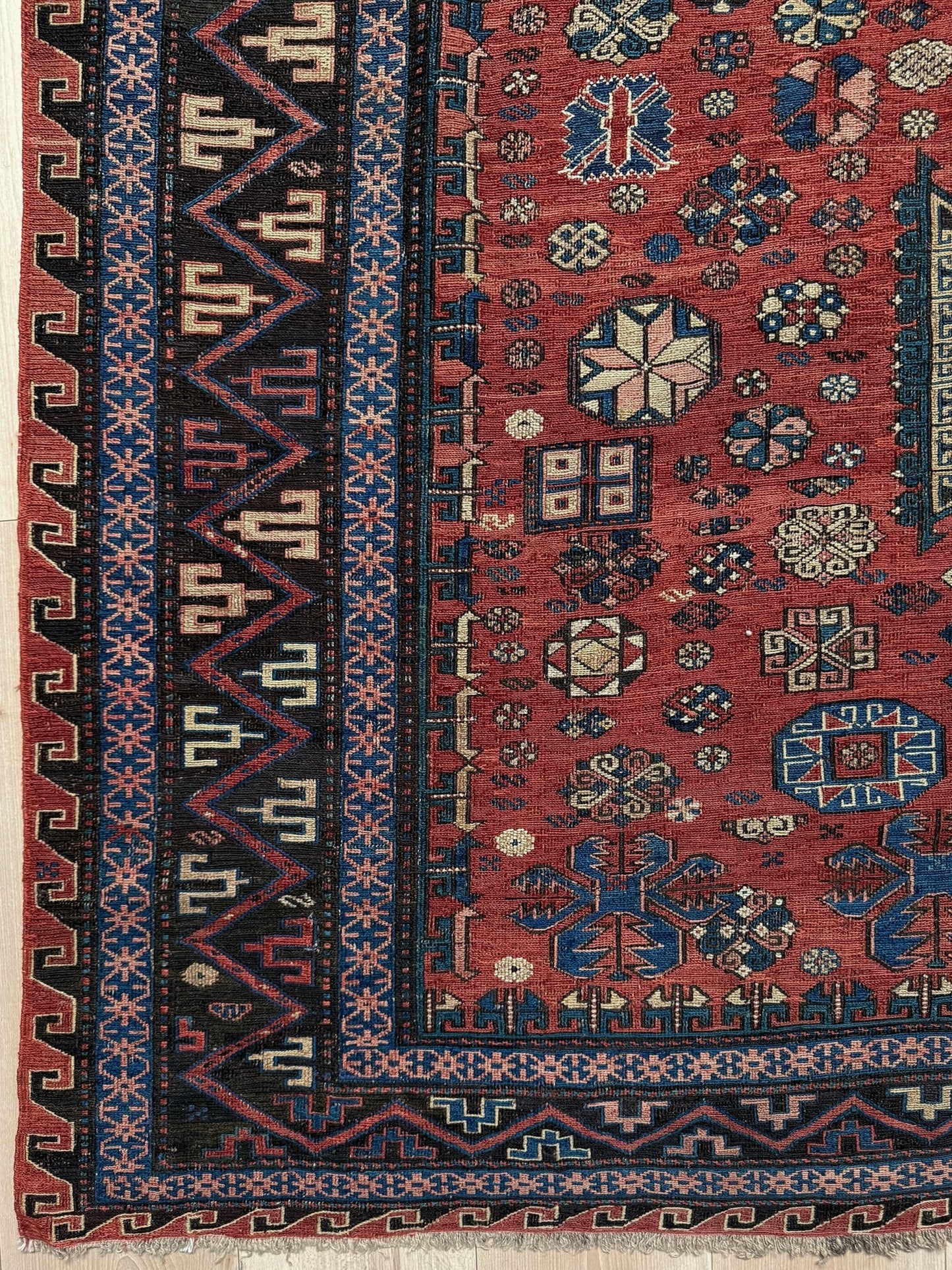 Kuba Shirvan Antique 19th cent Caucasian Soumak rug in indigo, brick red, and ivory – 10x14 imperial flatweave from Shirvan region, handmade wool runner available at best rug shop in San Mateo, SF Bay Area with free shipping.