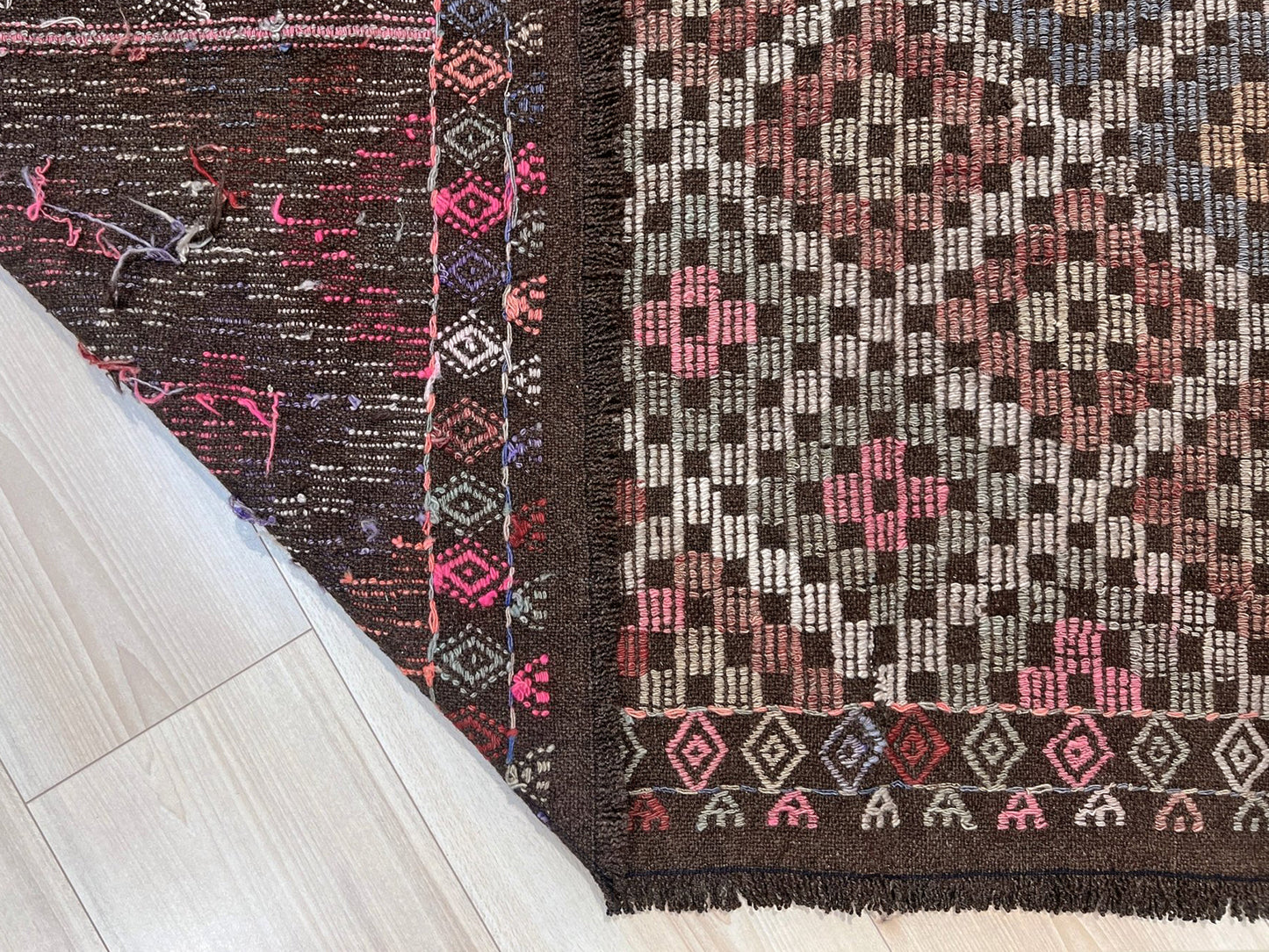 Earthy Vintage Turkish cicim kilim rug, 5x7 Anatolian flatweave with embroidered geometric motifs in brown, ivory, dusty rose, and slate blue