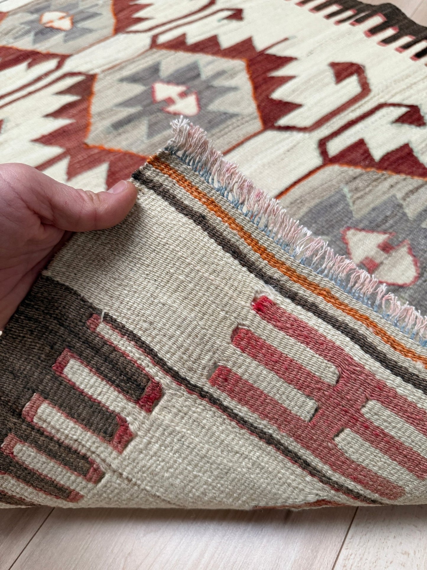 Beige 3x5 Navajo style muted turkish kilim handmade wool rug for bedroom nursery kitchen entry tribal flatweave rug shop san francisco bay area. Buy rugs online free shipping.