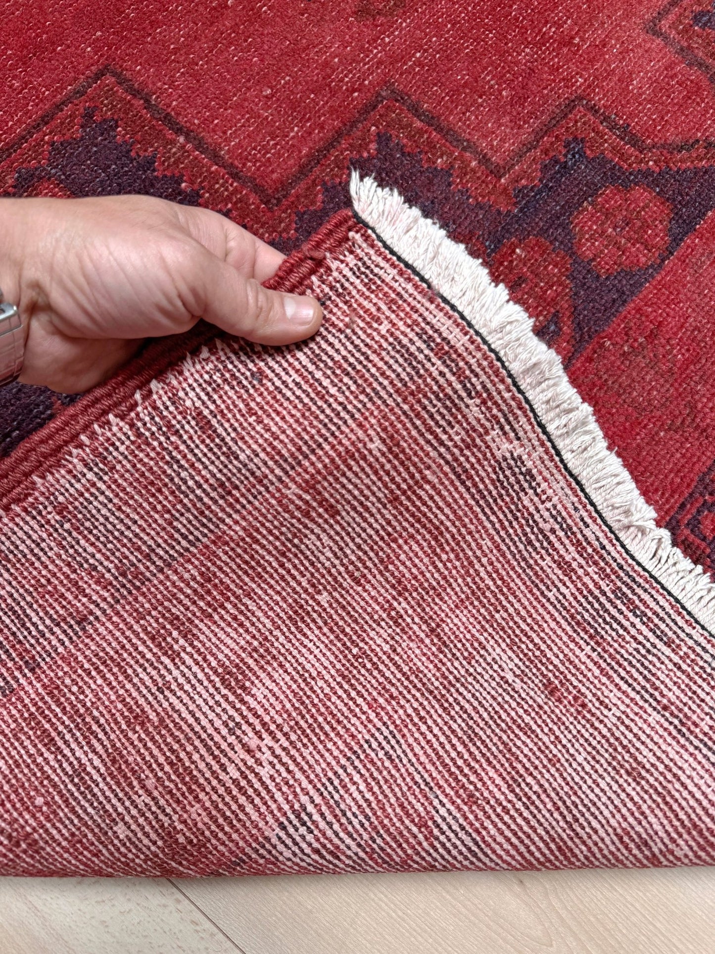 5x10 Handmade Turkish wide runner area rug in crimson and indigo tones, perfect for hallway, living room, bedroom, or kitchen; ideal for boho or contemporary decor. Available from the best rug shop in San Mateo, SF Bay Area with free shipping.