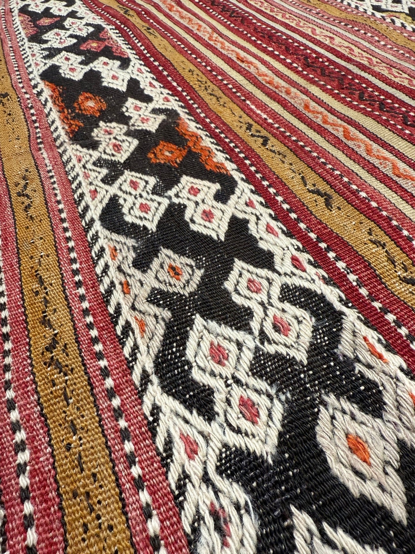 Vintage Turkish Kilim Rug 6x18 – Striped handmade wool flatweave with terracotta, magenta, and ochre hues, perfect for bedroom, living room, kitchen, or study; full of character and charm from the best rug shop in San Mateo, SF Bay Area with free shipping