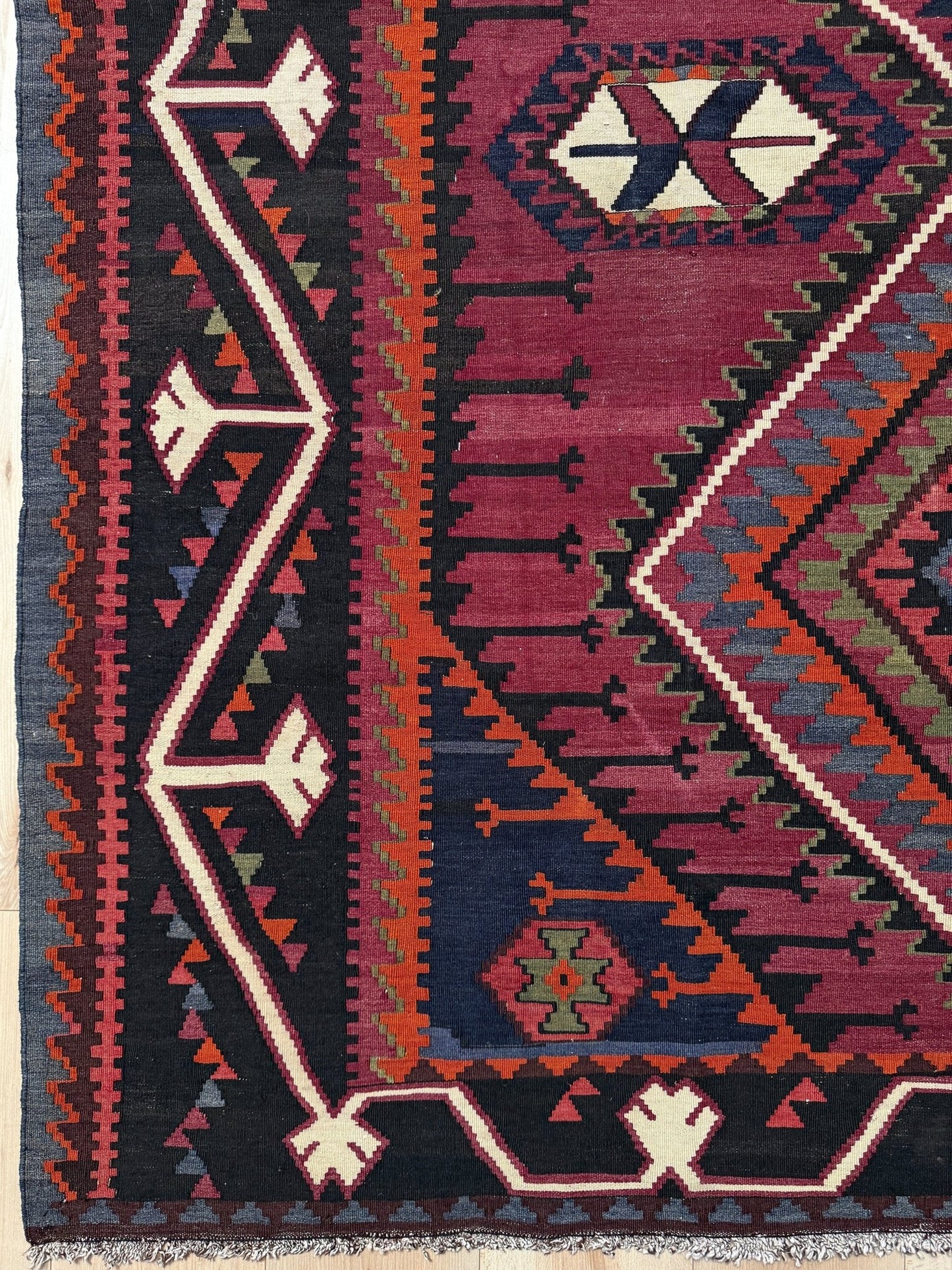 6x11 vintage Caucasian kilim rug from best rug shop in San Mateo SF Bay Area, handmade wool flatweave with berry magenta, charcoal, and earthy tones, perfect for bedroom, living room, kitchen, or study, free shipping included.