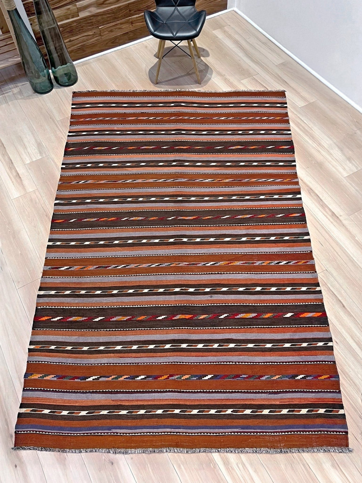 Earthy Tribal Stripe Caucasian Kilim • Vintage Handwoven Wool Flatweave Rug (5'6"x9'3")
