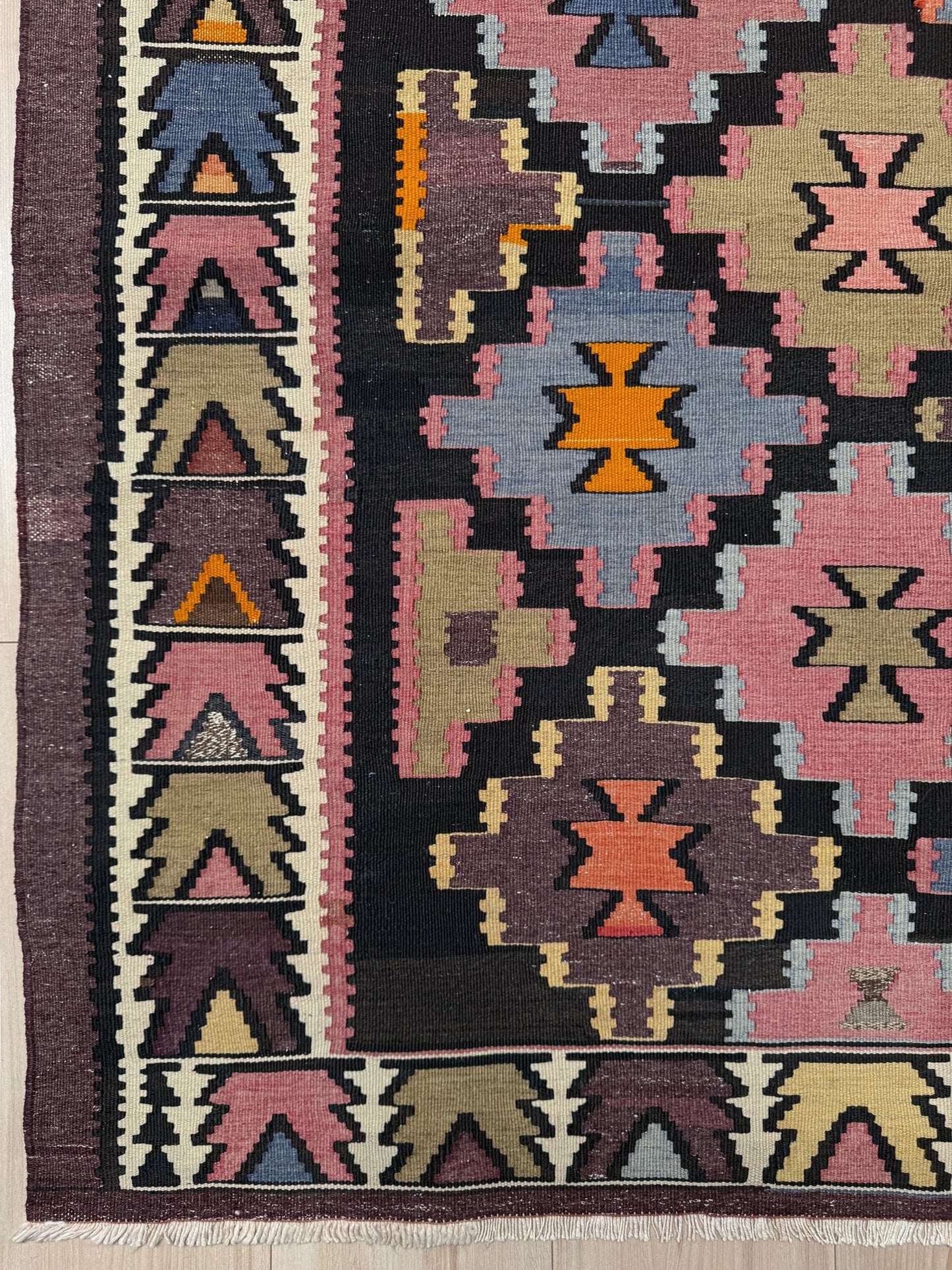 5x9 Handmade Caucasian kilim runner rug with Nazar motif in lavender, periwinkle, olive, and saffron tones; perfect for hallway, living room, bedroom, or kitchen in boho or contemporary decor. Wide 5x9 flatweave area rug from top-rated rug shop in San Mateo, SF Bay Area with free shipping.