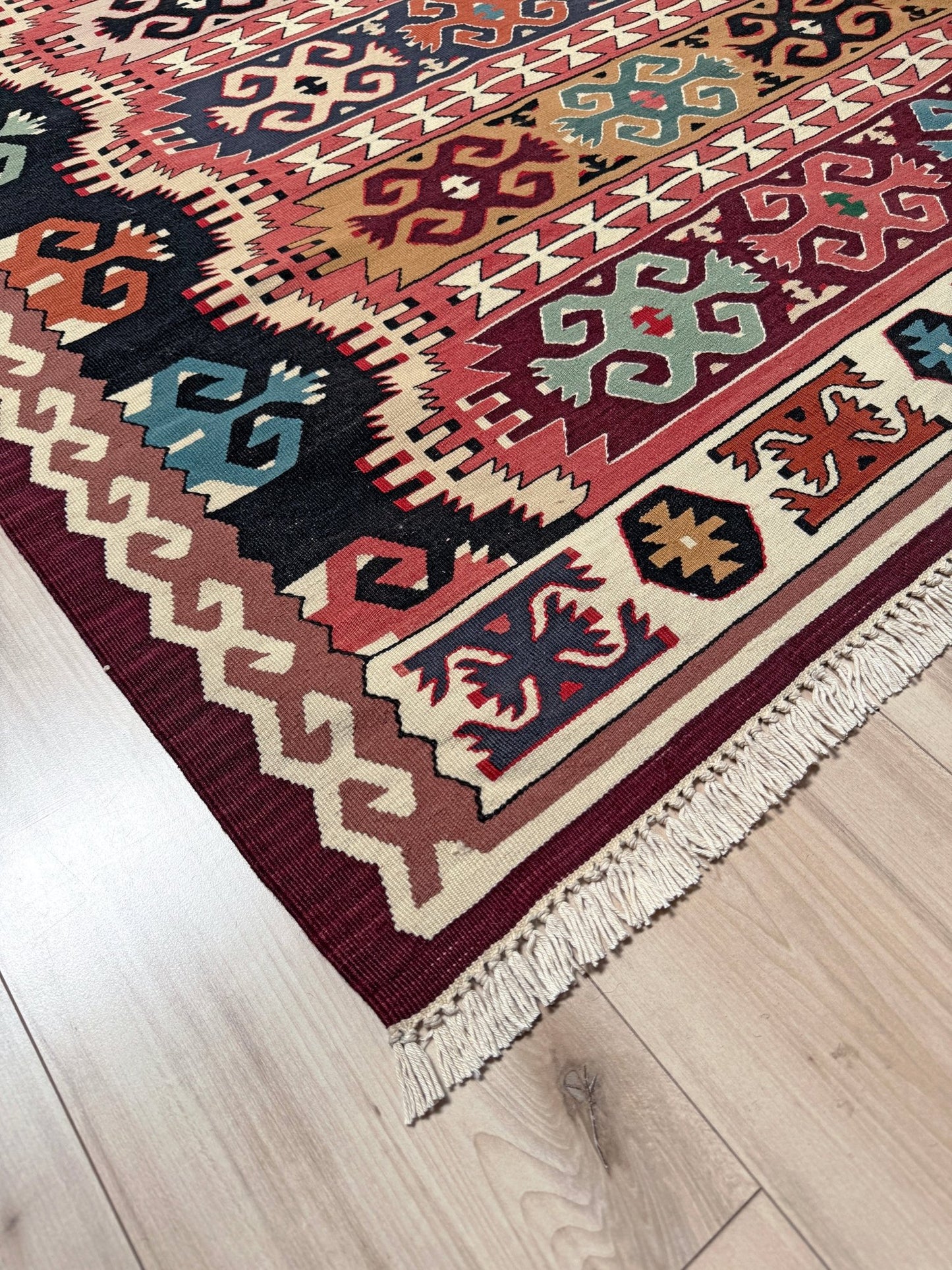 6x9 vintage Pirot Balkan kilim rug handmade wool, vibrant geometric design in red, teal, and earth tones, perfect for bedroom, living room, kitchen, or study, from best rug shop in San Mateo SF Bay Area with free shipping