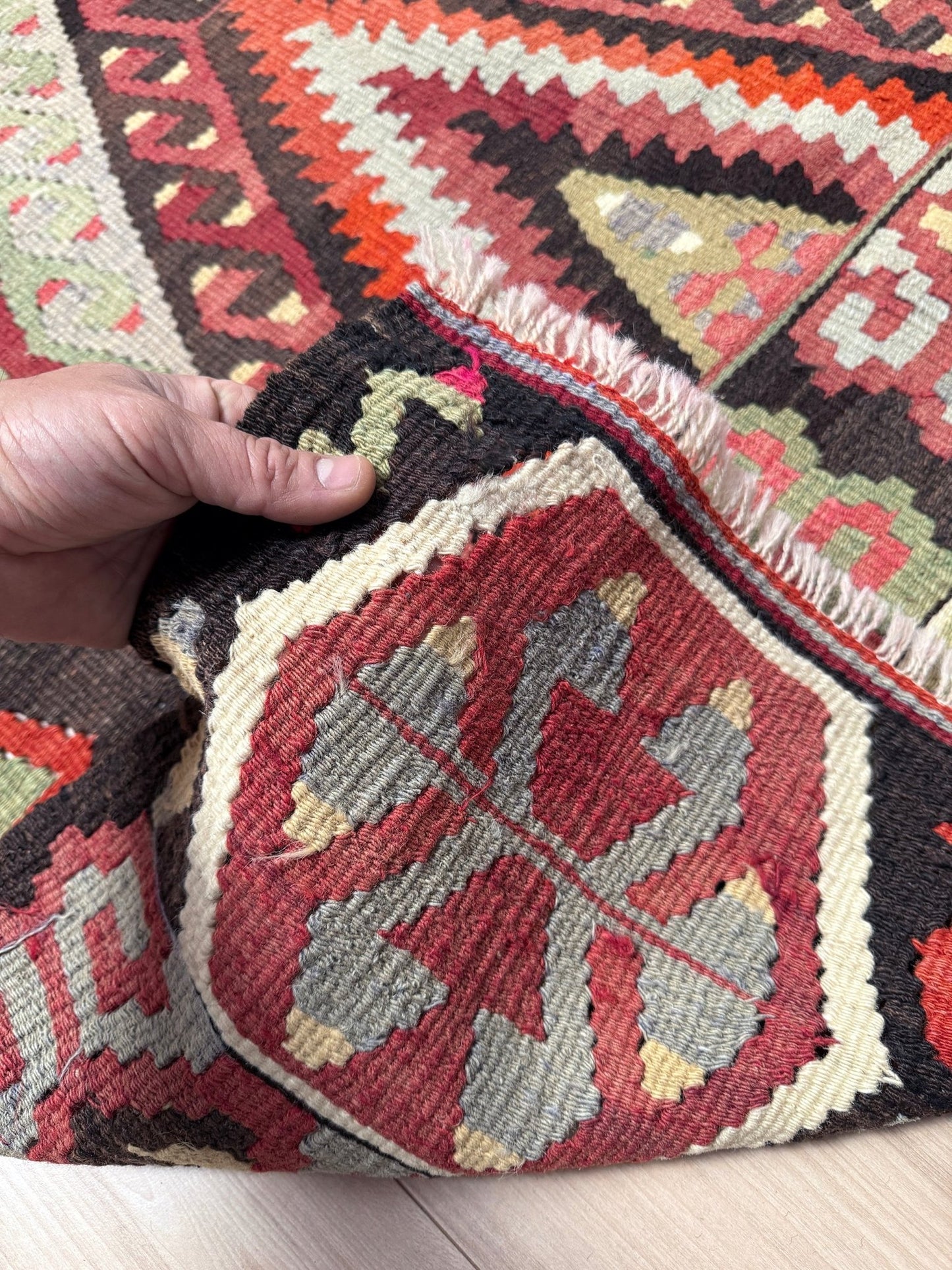 6x9 tribal vintage Turkish rug with bold geometric patterns and rich character, ideal for bedroom, living room, kitchen, or study – handmade wool kilim from the best rug shop in San Mateo, SF Bay Area with free shipping