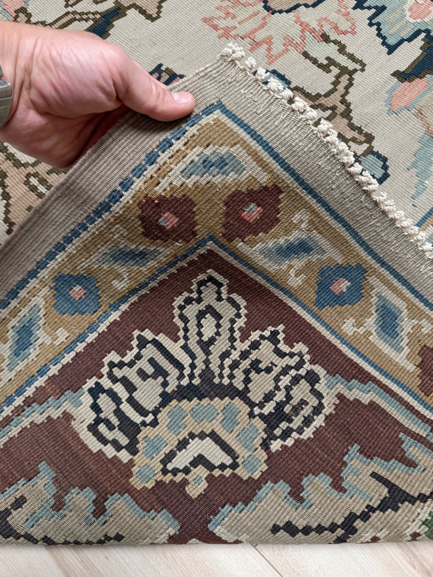Vintage 8x9 Kilim area rug with floral Herati design in parchment, chestnut red, sage green, and faded indigo—perfect for living room, bedroom, kitchen, or dining room. Ideal for boho or neutral decor styles. Handmade wool flatweave from Southeastern Europe. Available at the best rug shop in San Mateo, SF Bay Area—free shipping included.