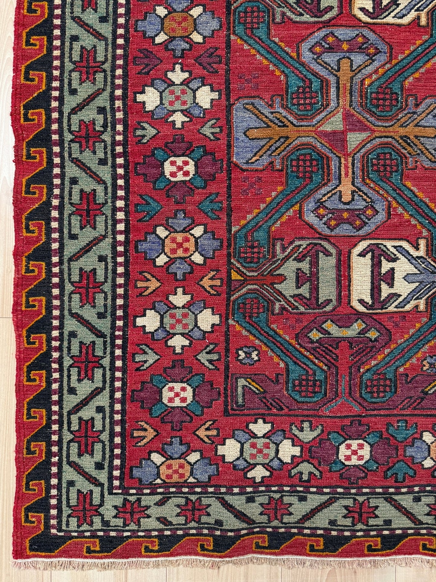 6x9 vintage Caucasian Soumak striped rug with bold tribal motifs and rich colors, perfect for bedroom, living room, kitchen, or study – available with free shipping from the best rug shop in San Mateo, SF Bay Area.