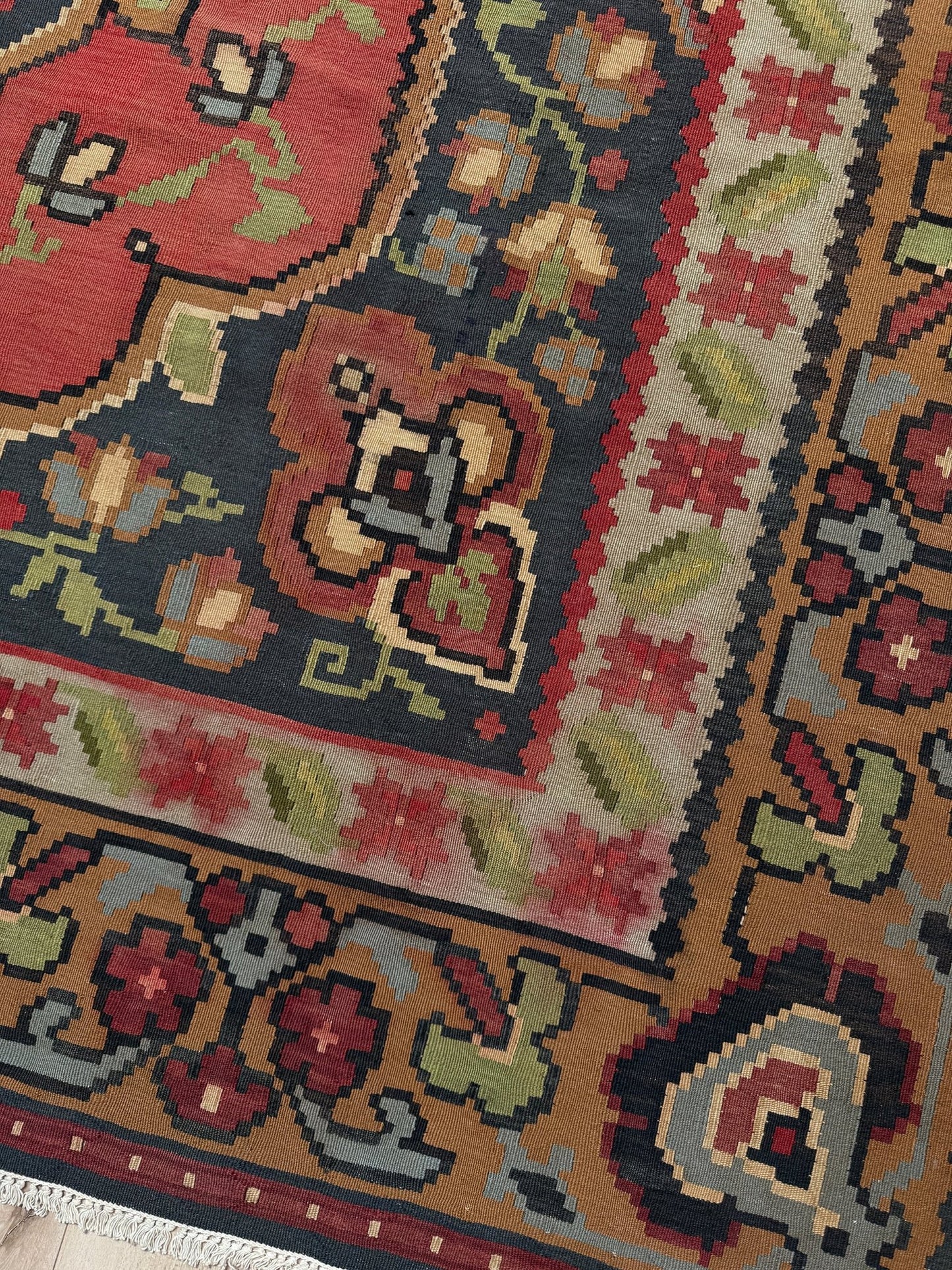 Handmade 8x10 Bessarabian vintage kilim rug with rich red and charcoal tones, perfect for living room, bedroom, or dining room; suits neutral, eclectic, or boho decor – available from top-rated rug shop in San Mateo, SF Bay Area with free shipping.