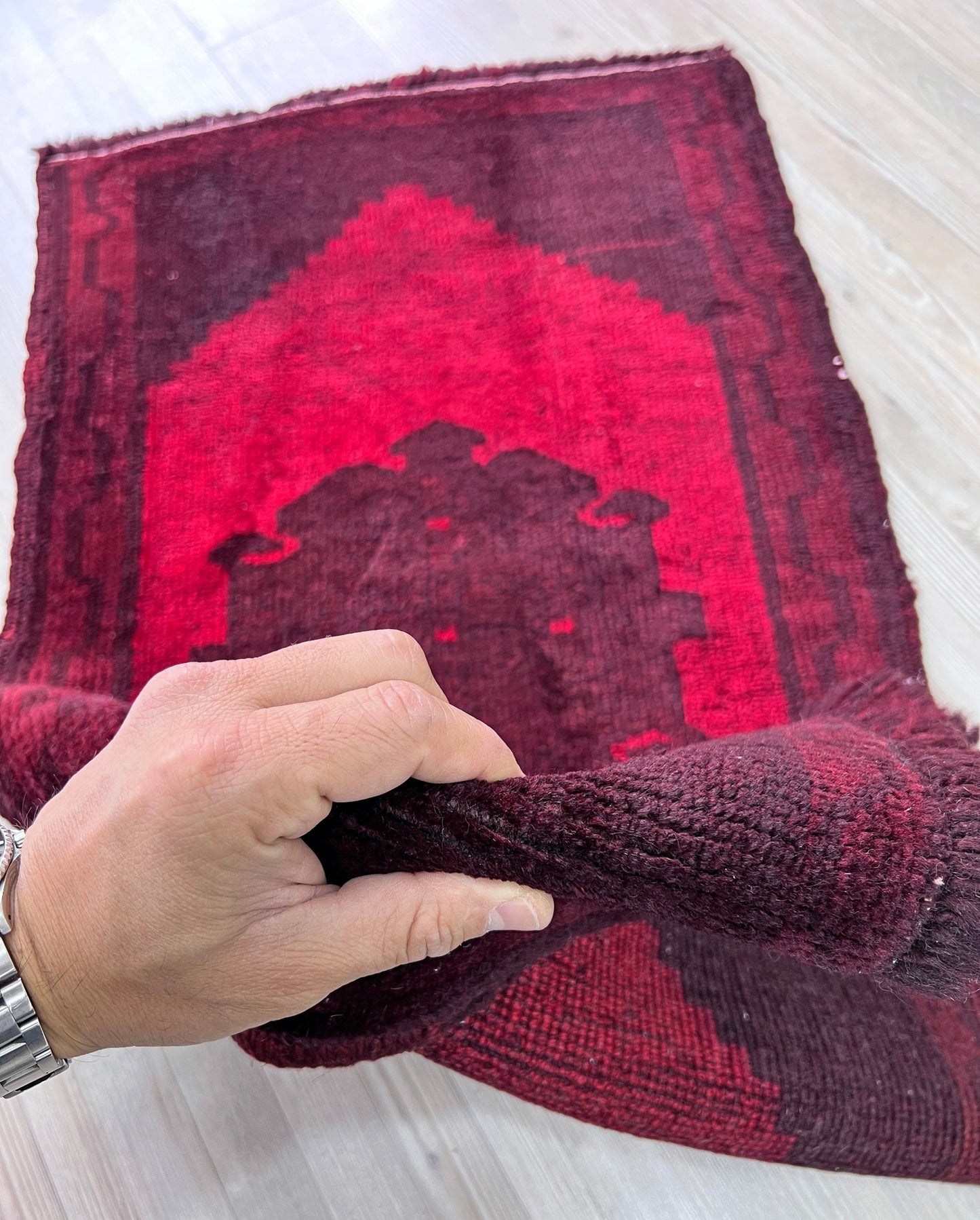 red handmade wool turkish mini rug bathmat doormat. Rug shop san francisco bay area.