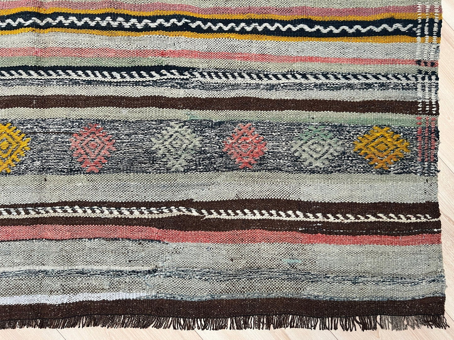 5x7 vintage turkish kilim rug in living room setting, bright colors, indigo rugs, soft rug, bold color, San Francisco Bay Area, California, rug store, rug shop, local shop, vintage rug, modern kilim, warm colors, antique rug, antique kilim.