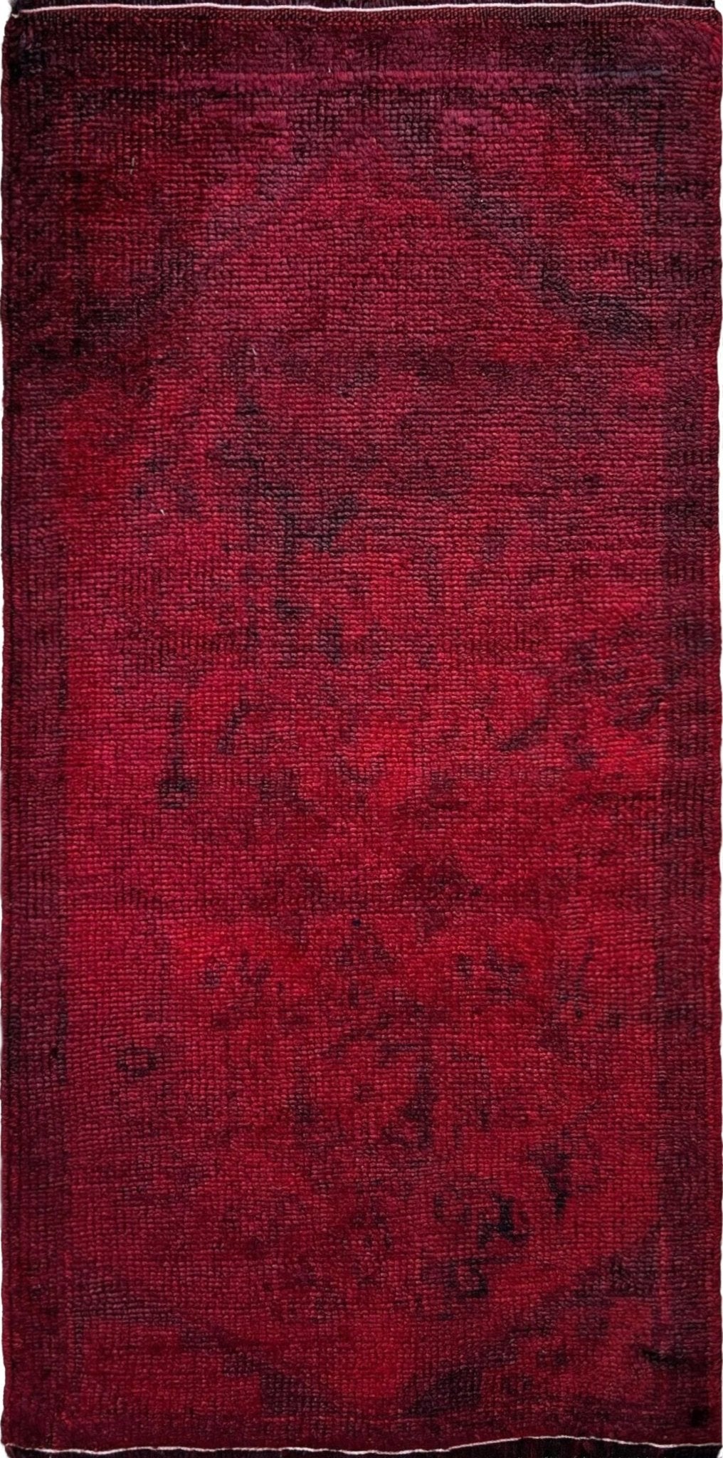 Deep red overdyed Turkish mini rug 20x38 inches, handmade wool, perfect for entryway, kitchen, or bath. Free shipping from Indigo Rugs — best rug shop in the San Francisco Bay Area, Burlingame CA.