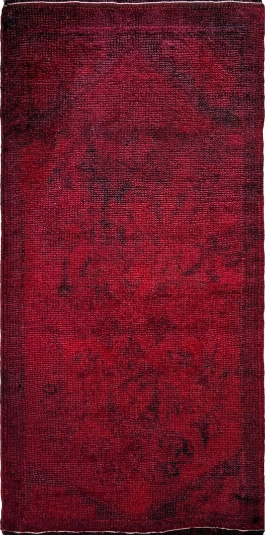 Deep red overdyed Turkish mini rug 20x38 inches, handmade wool, perfect for entryway, kitchen, or bath. Free shipping from Indigo Rugs — best rug shop in the San Francisco Bay Area, Burlingame CA.