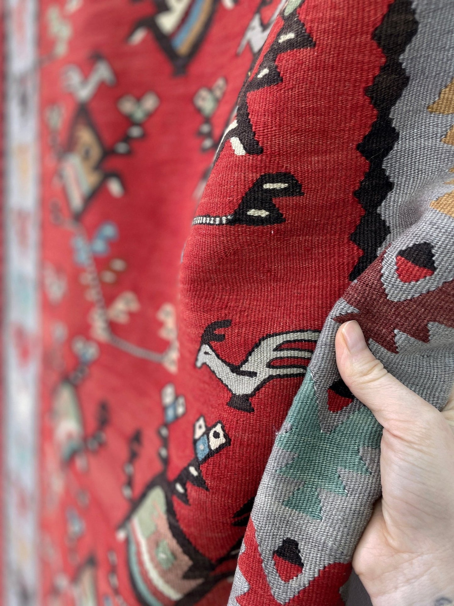 Vintage Pirot / Sarkoy 2x5  Balkan kilim runner rug with red field, gray borders, and bird motifs — handmade wool flatweave from the 1960s.