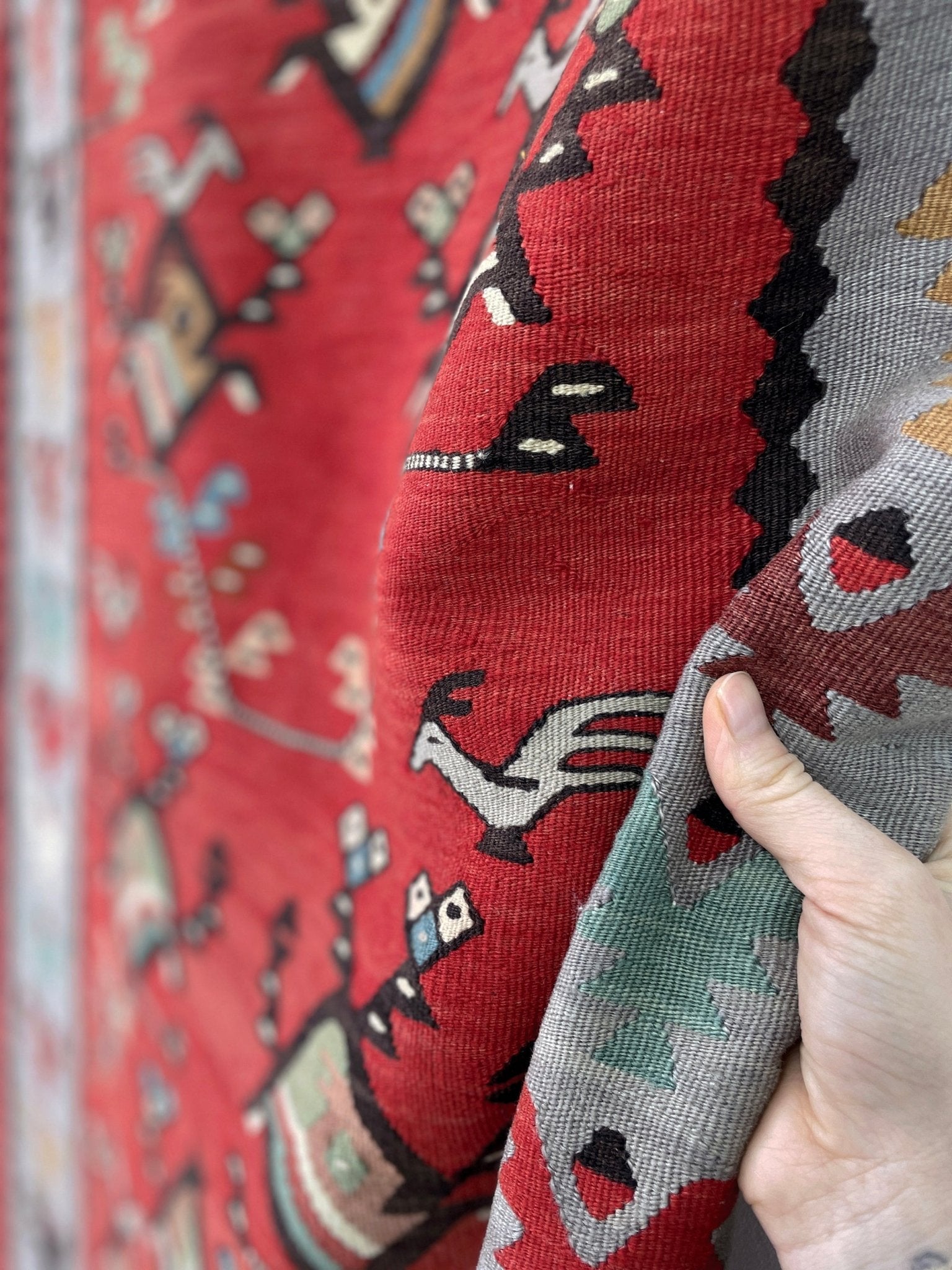 Vintage Pirot / Sarkoy 2x5  Balkan kilim runner rug with red field, gray borders, and bird motifs — handmade wool flatweave from the 1960s.