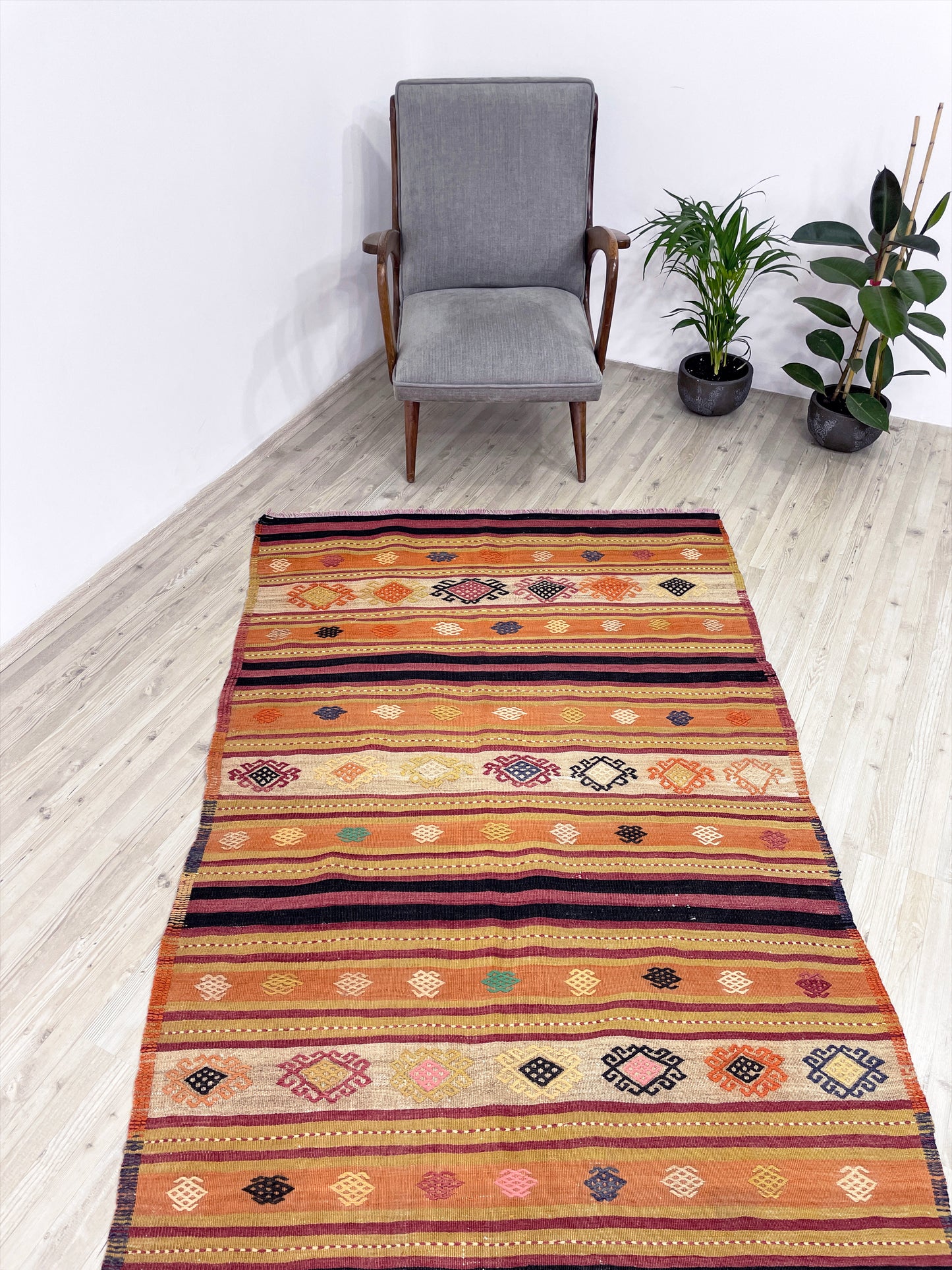 handmade turkish kilim runner rug with vibrant orange color combo. From the best rug shop san francisco bay area. Free shipping.