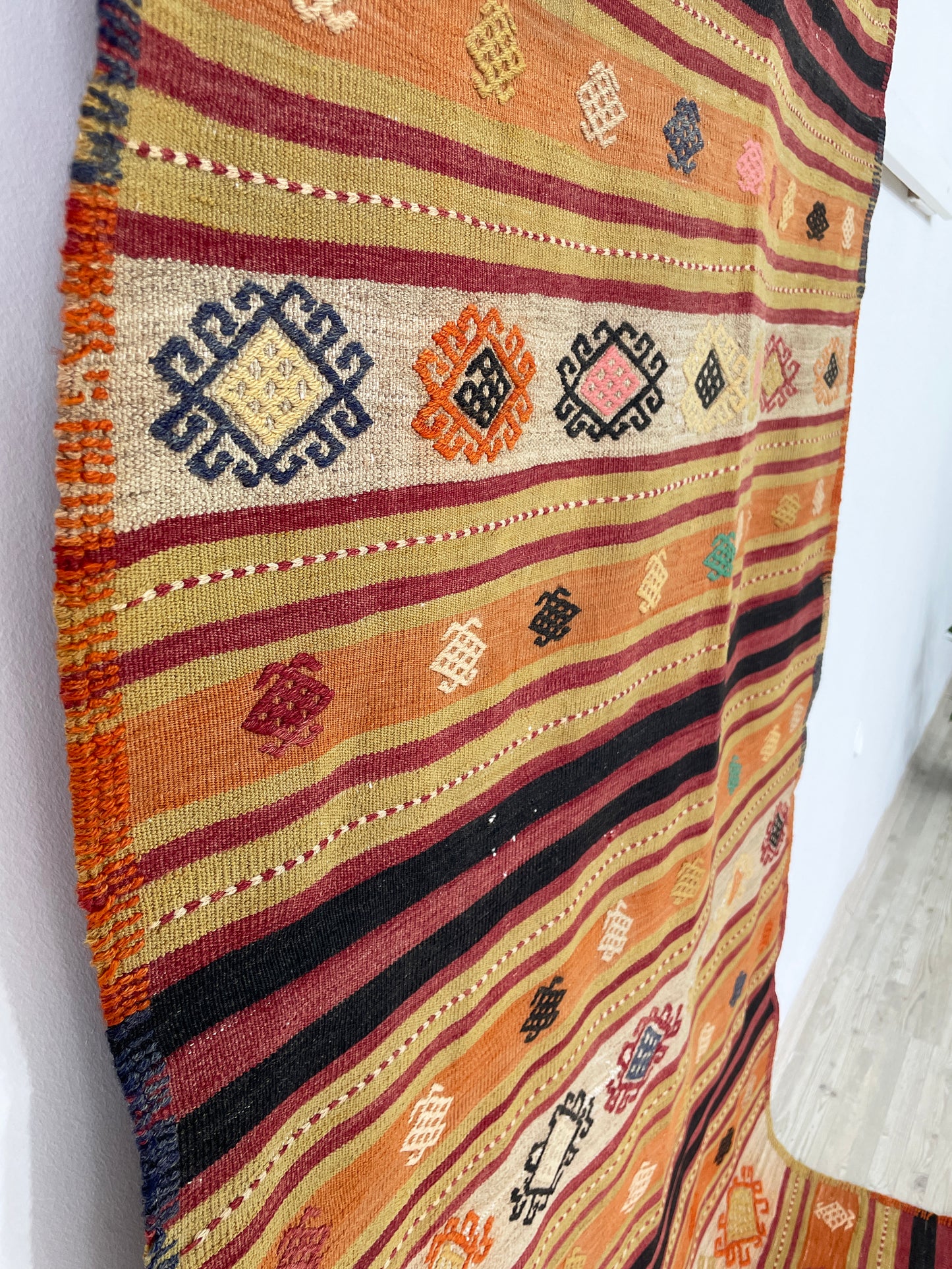 handmade turkish kilim runner rug with vibrant orange color combo. From the best rug shop san francisco bay area. Free shipping.