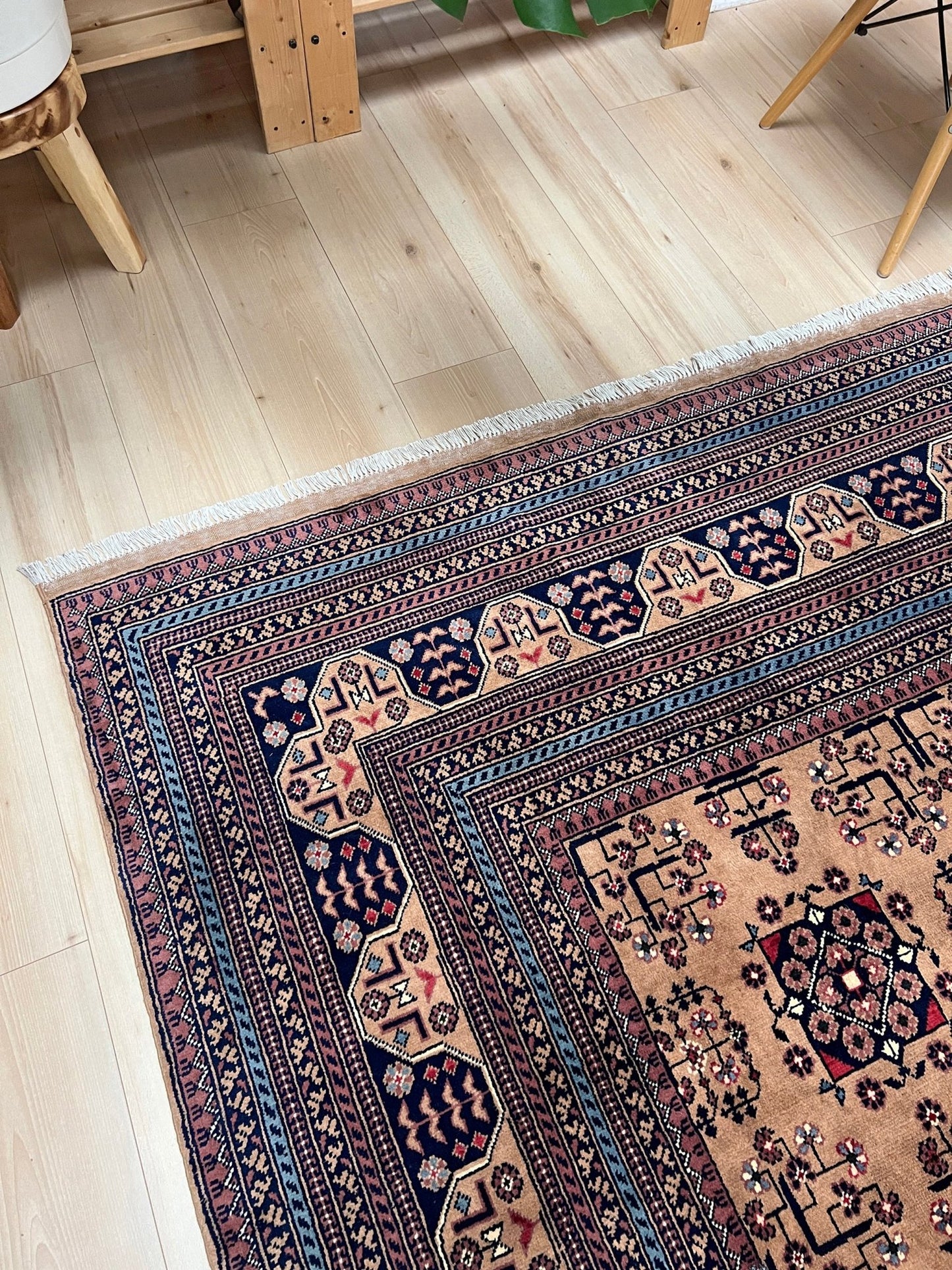 Corner of Sand Bilcik Turkmen wool area rug with intricate medallion motifs and ornate indigo and rust borders, perfect for living room, bedroom, or dining room decor. Sold by the best handmade luxury rug shop in the San Francisco Bay Area.