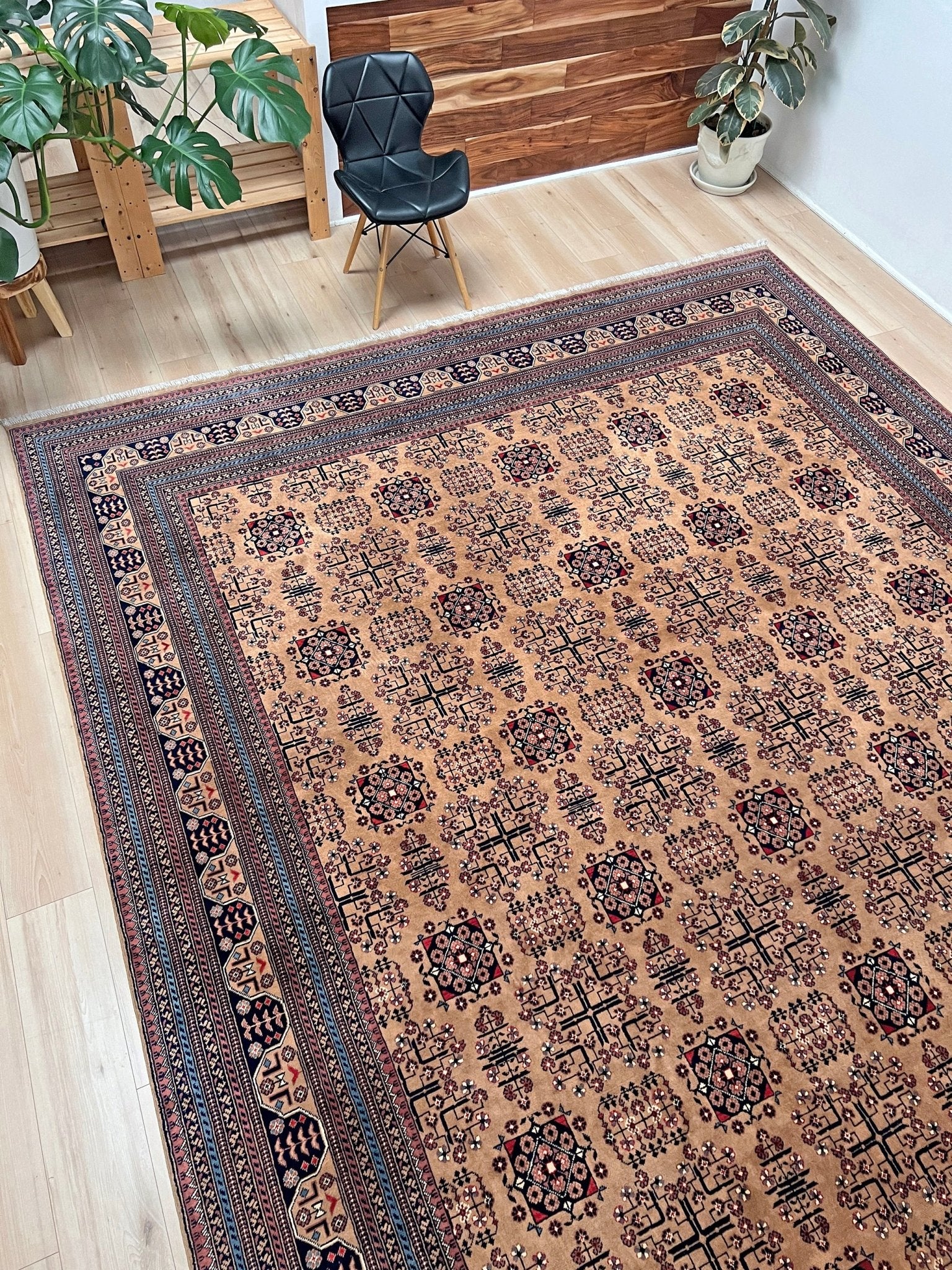 Sand Bilcik Turkmen wool area rug with intricate medallion motifs and ornate indigo and rust borders, perfect for living room, bedroom, or dining room decor. Sold by the best handmade luxury rug shop in the San Francisco Bay Area.