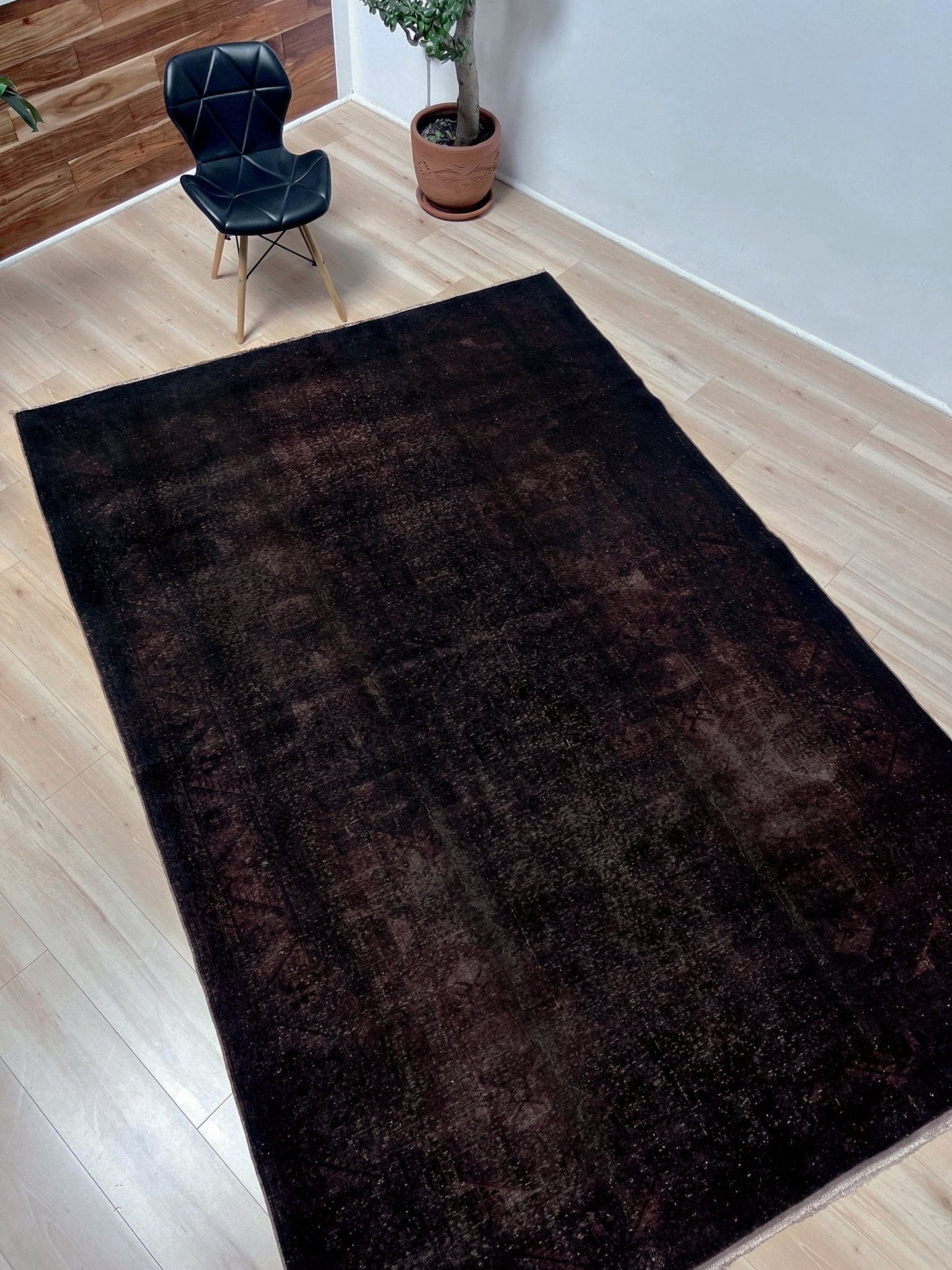 Dark brown handmade distressed muted overdyed turkish rug for living room bedroom low pile rug