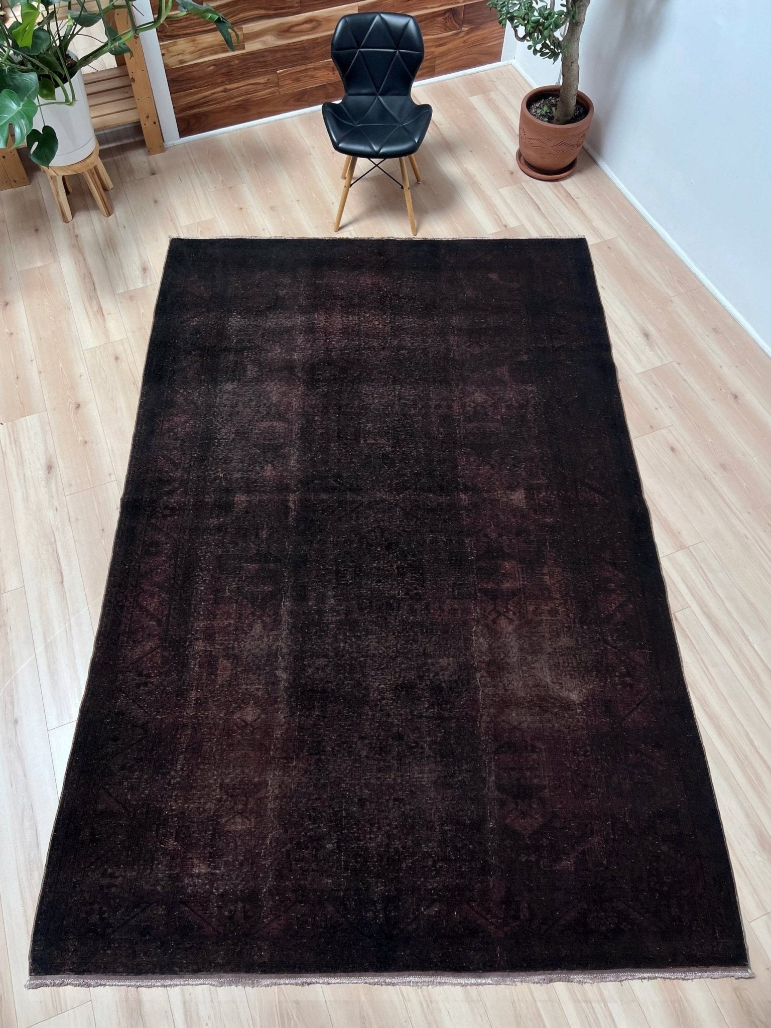 Dark brown handmade distressed muted overdyed turkish rug for living room bedroom low pile rug